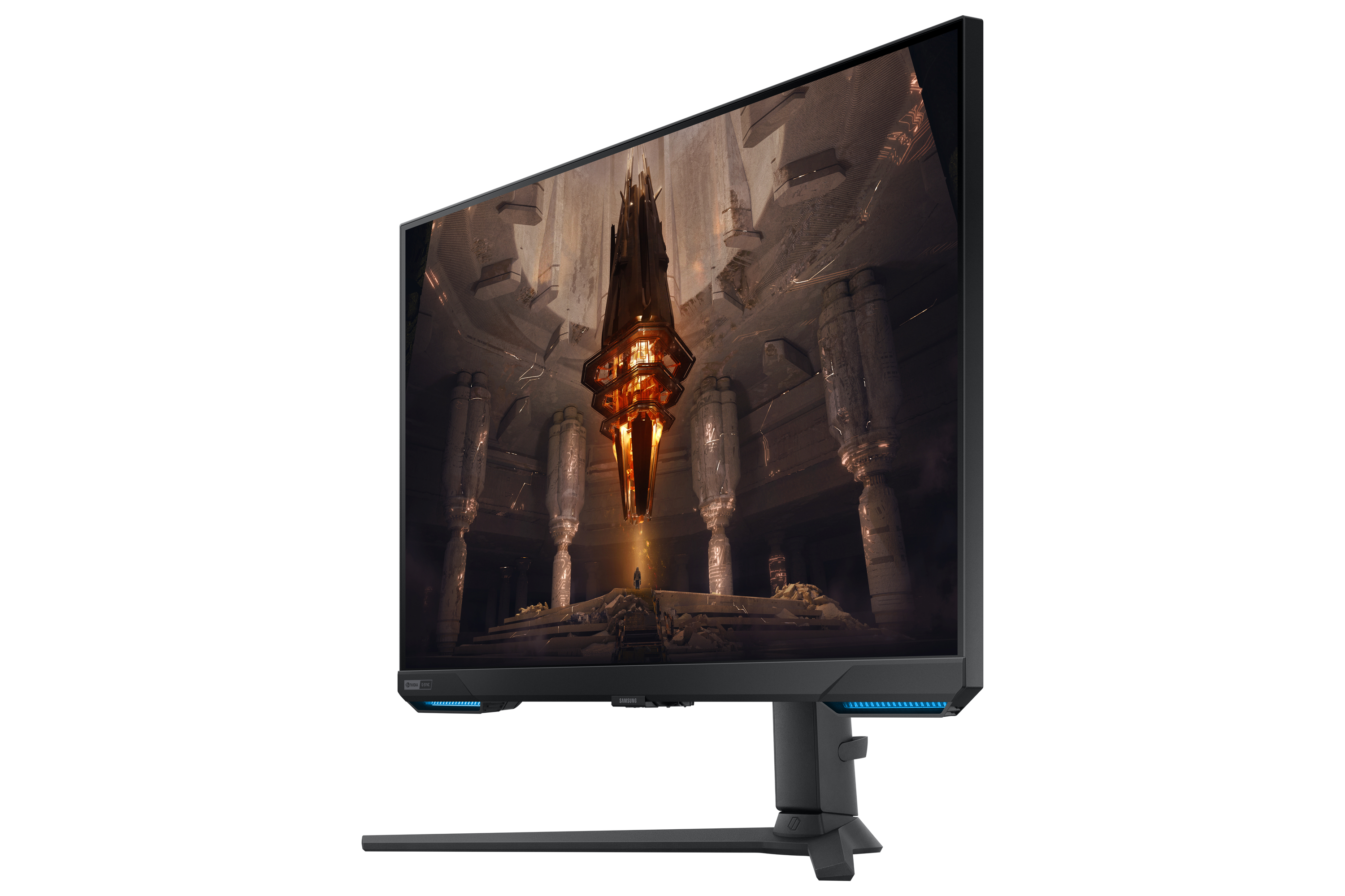Gaming-Monitor, der eine Szene mit einer goldenen Struktur zeigt.
