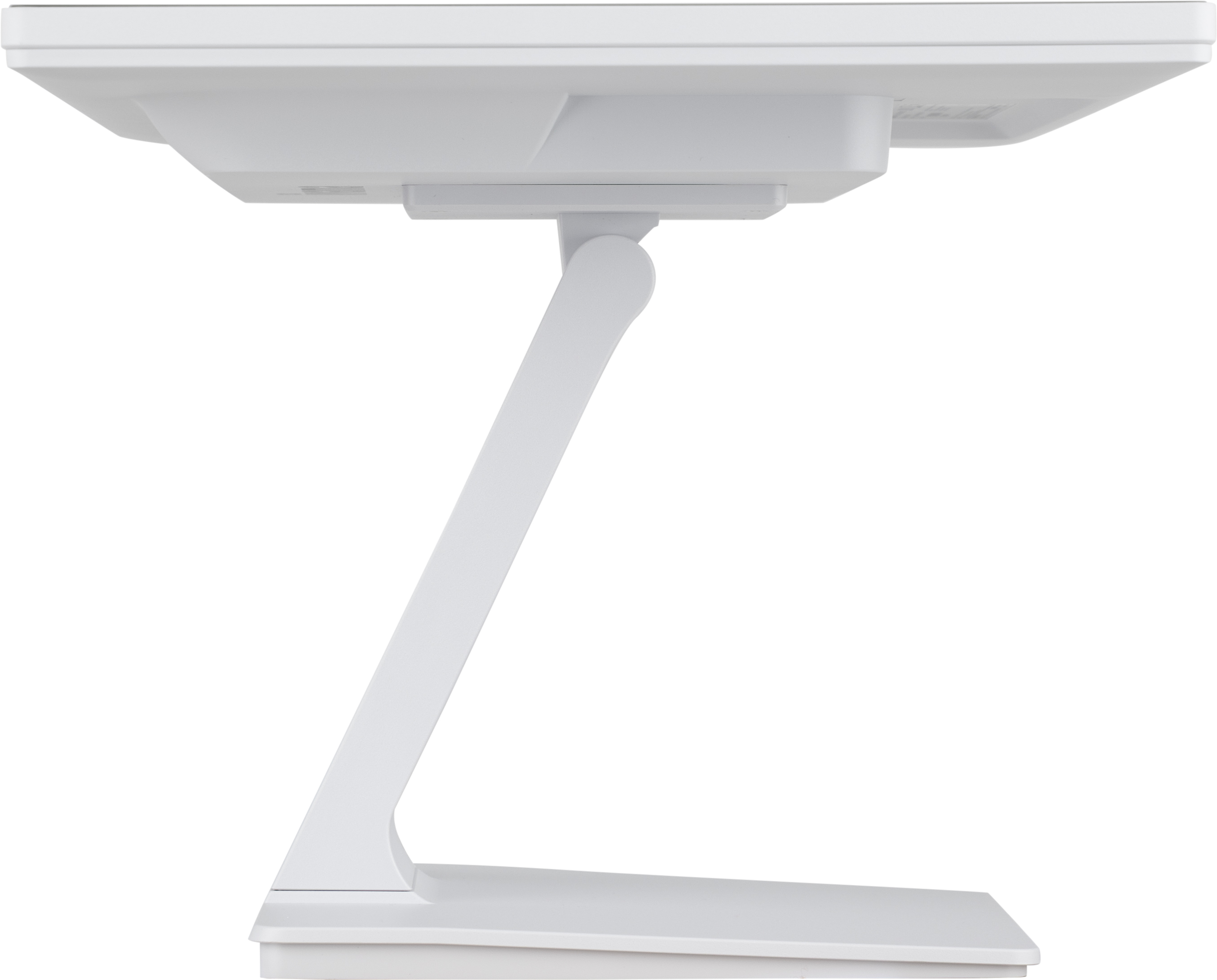 Monitor bianco con supporto unico e minimalista su superficie bianca.