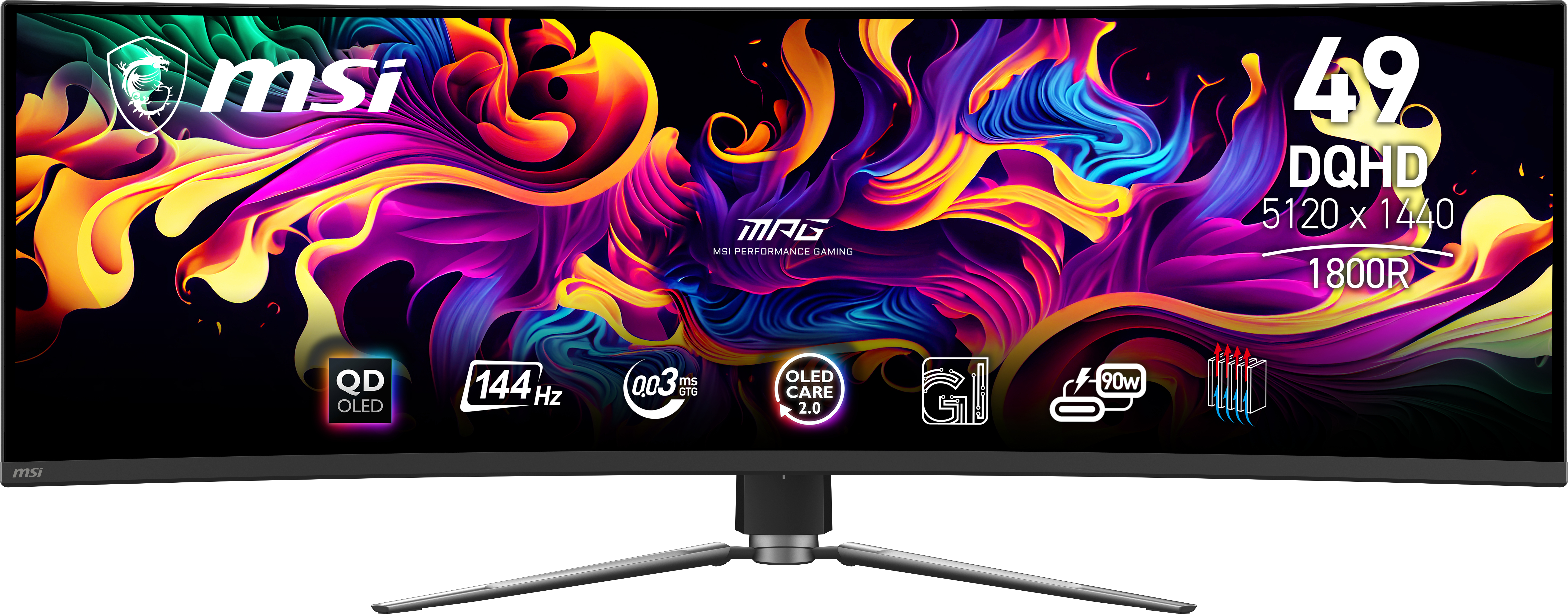 MSI gaming monitor met een gebogen scherm, met levendige, kleurrijke beelden.