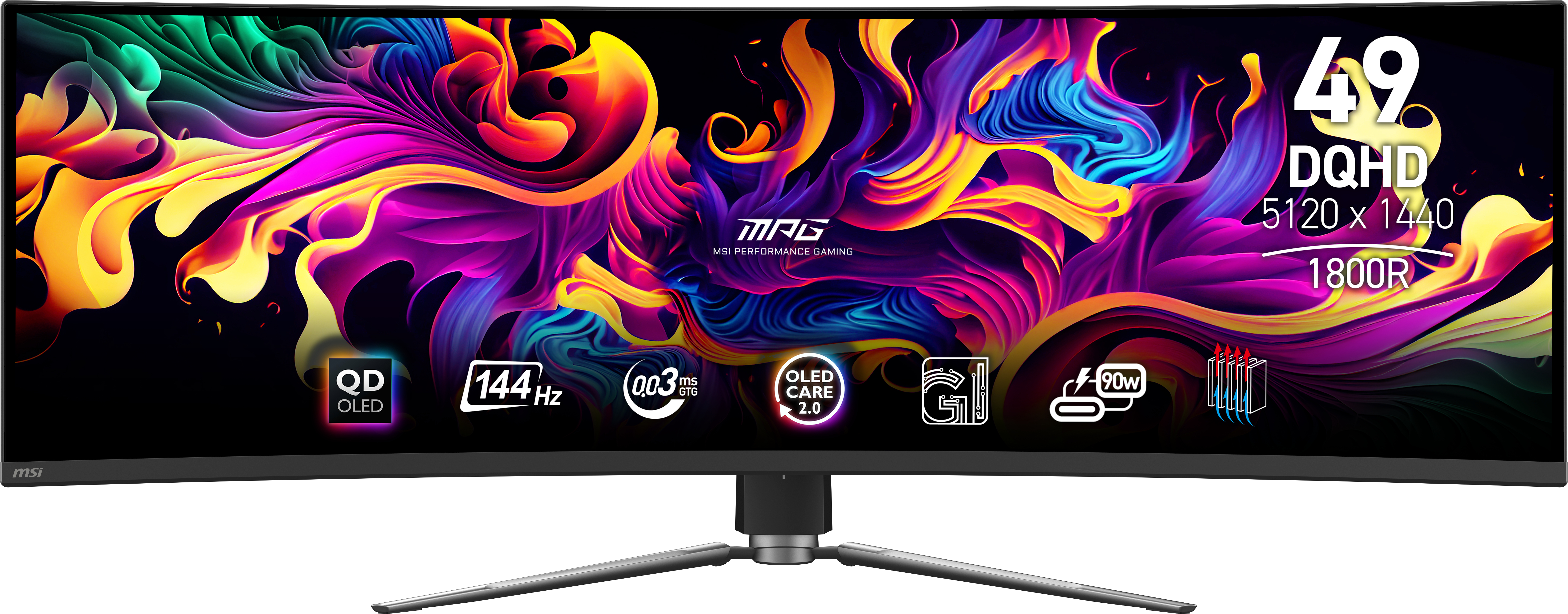 Gebogen MSI-monitor. Het heeft een kleurrijk abstract ontwerp op het scherm en een zwarte standaard.