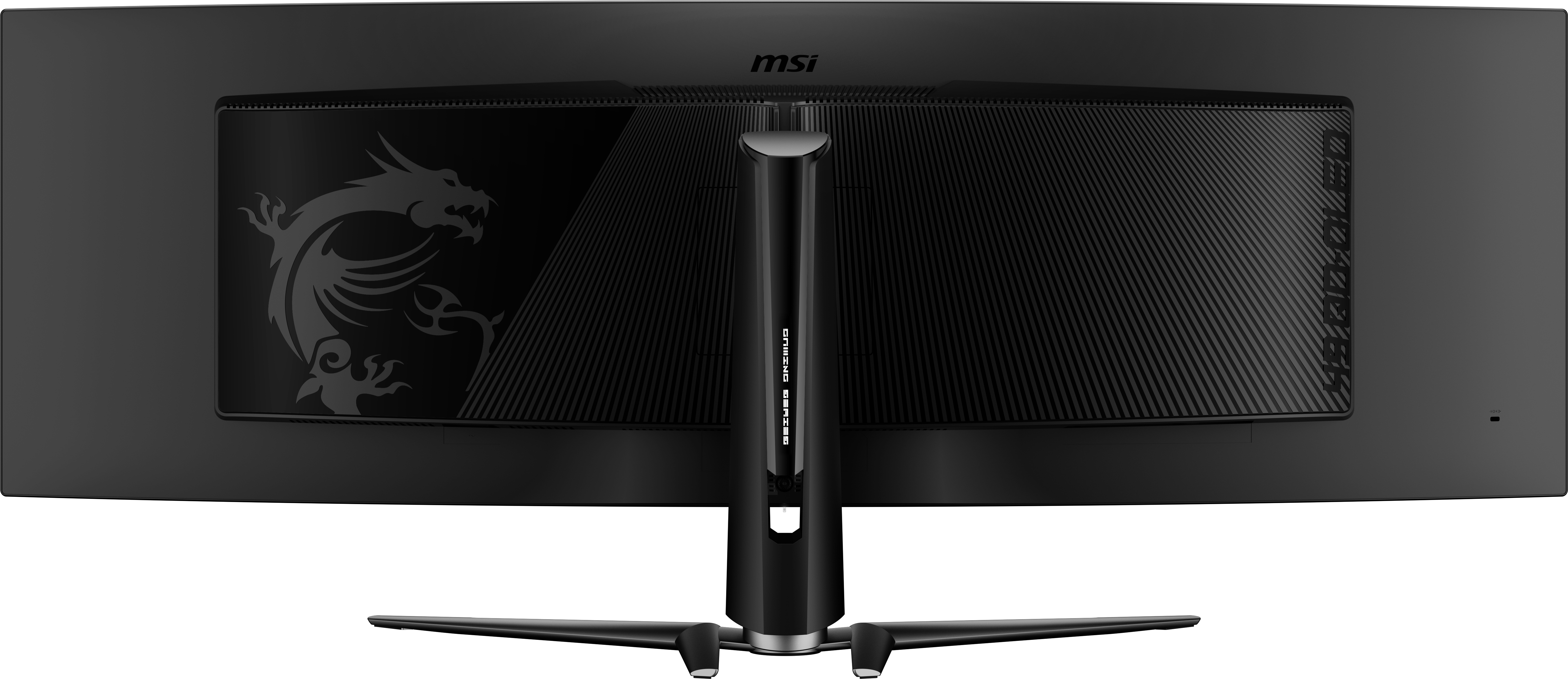 Achterkant van een zwarte MSI-monitor. Heeft een standaard en een drakenlogo. Het ontwerp is gebogen.