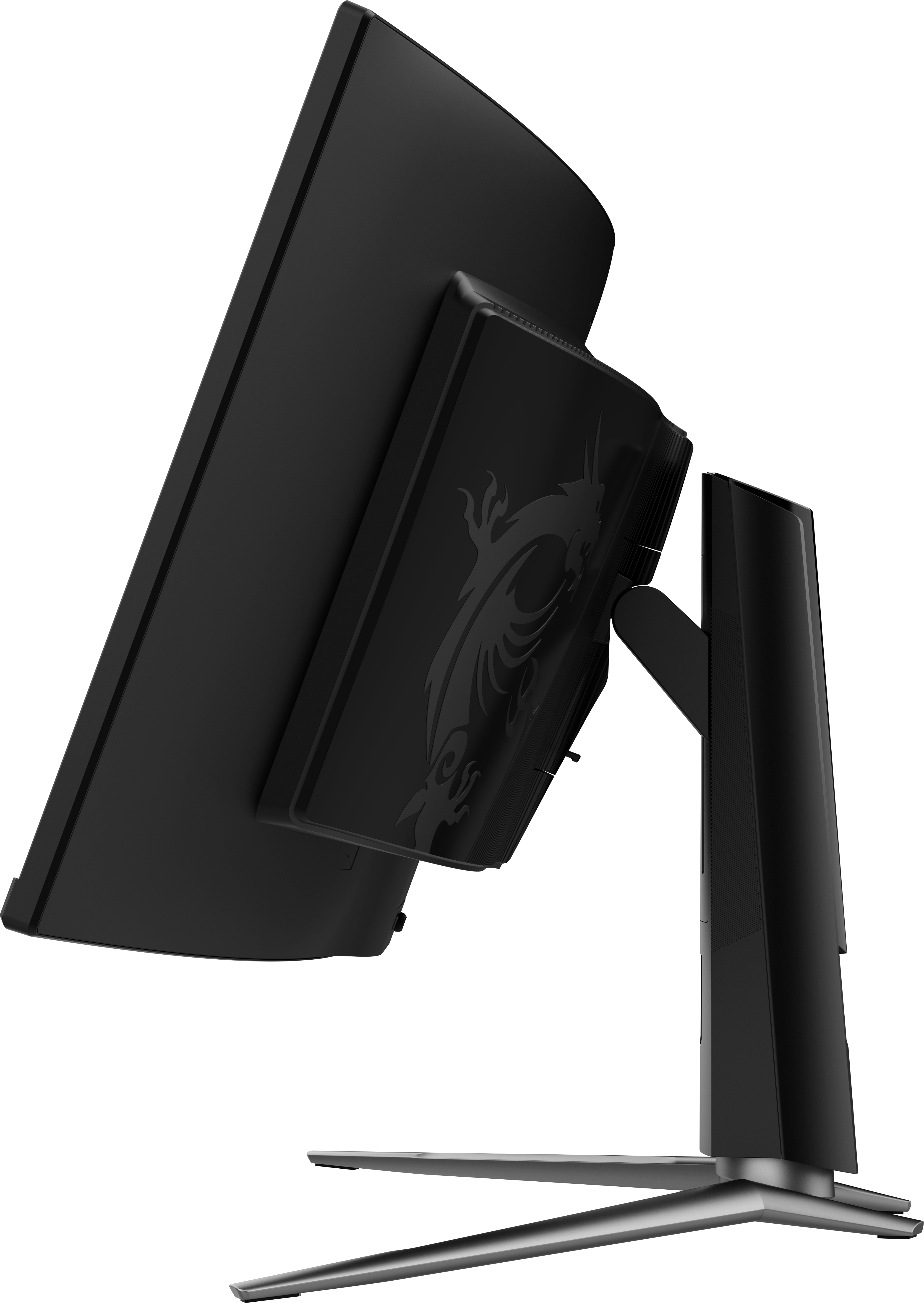 Zwarte MSI-monitor zijaanzicht. De standaard is zilver. De achterkant heeft een embleem.