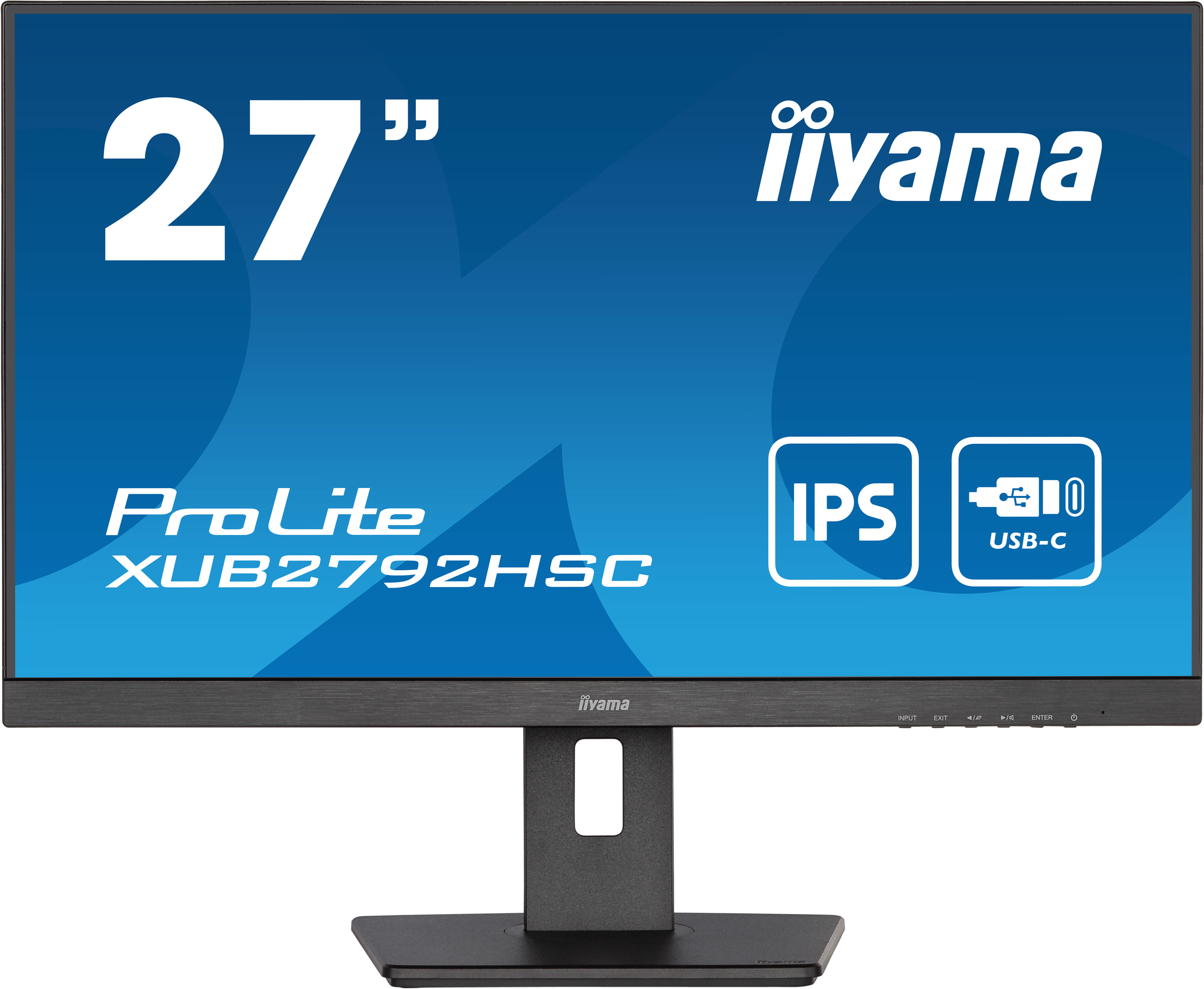 Vista frontale di un monitor iiyama da 27". Testo sullo schermo. Cornice e supporto neri.