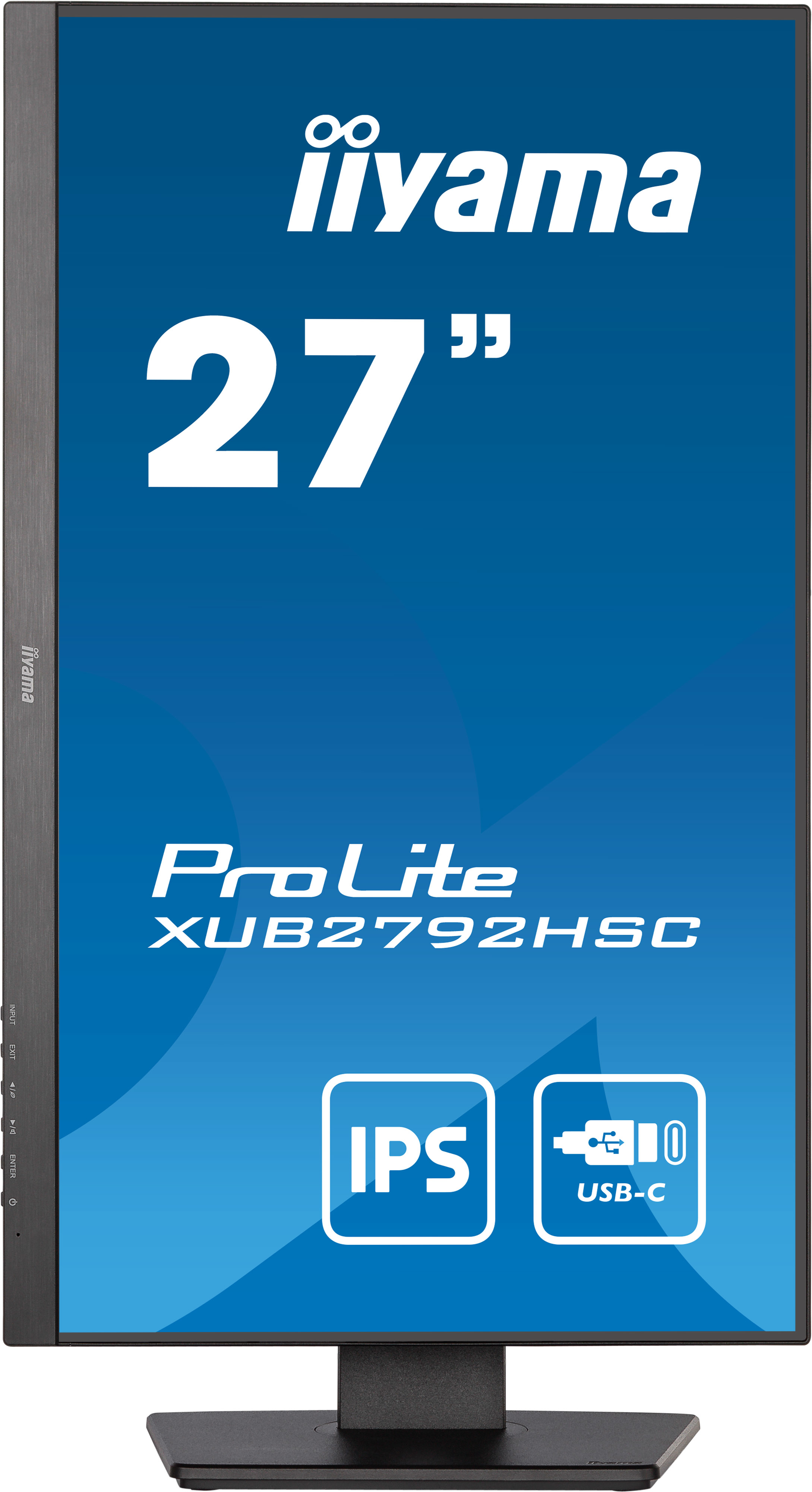 Monitor iiyama con cornice nera e display blu. Mostra 27" e testo ProLite XUB2792HSC. Uno schermo piatto.