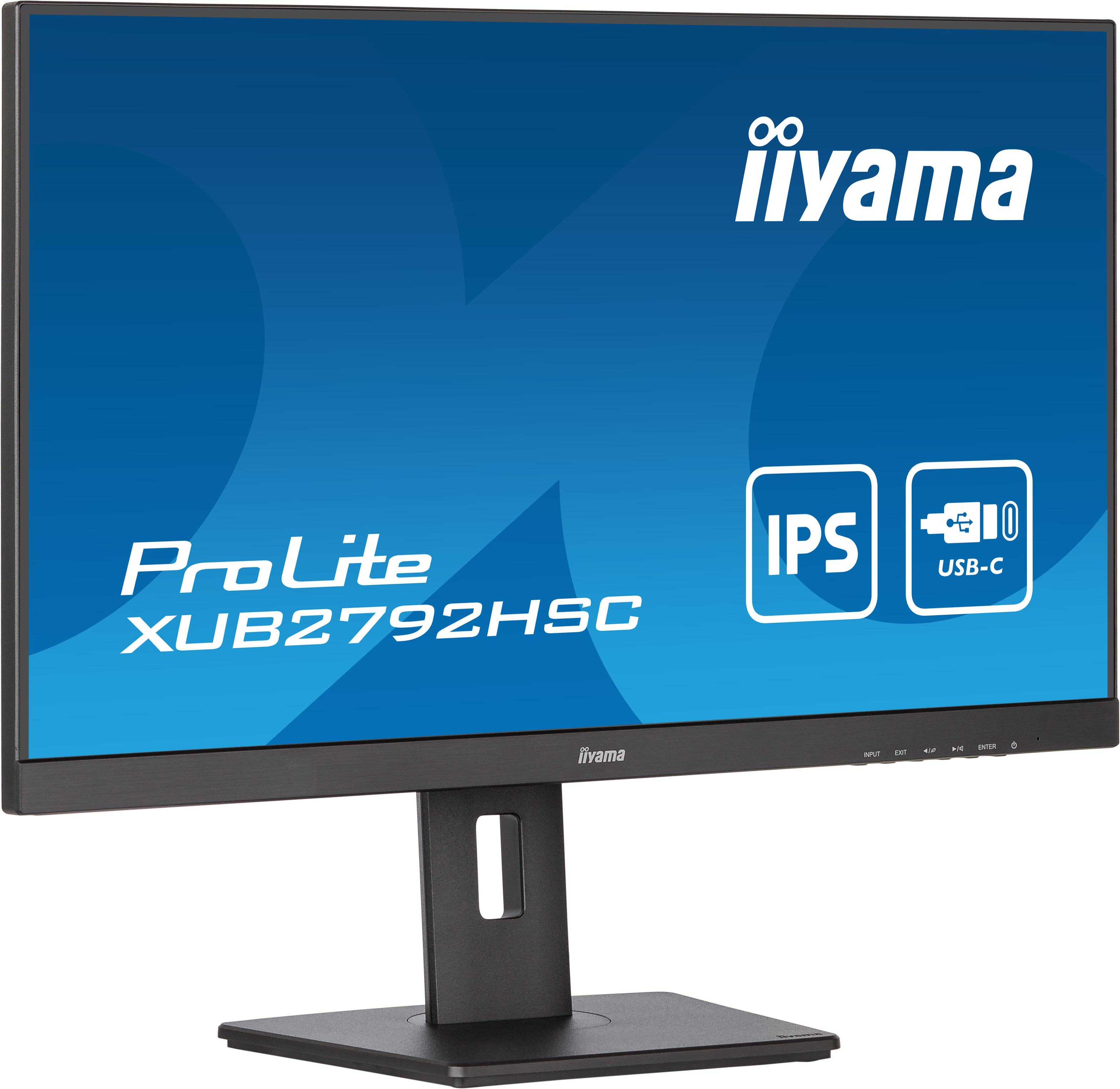 Monitor Iiyama ProLite, cornice nera, logo bianco, icona USB-C.