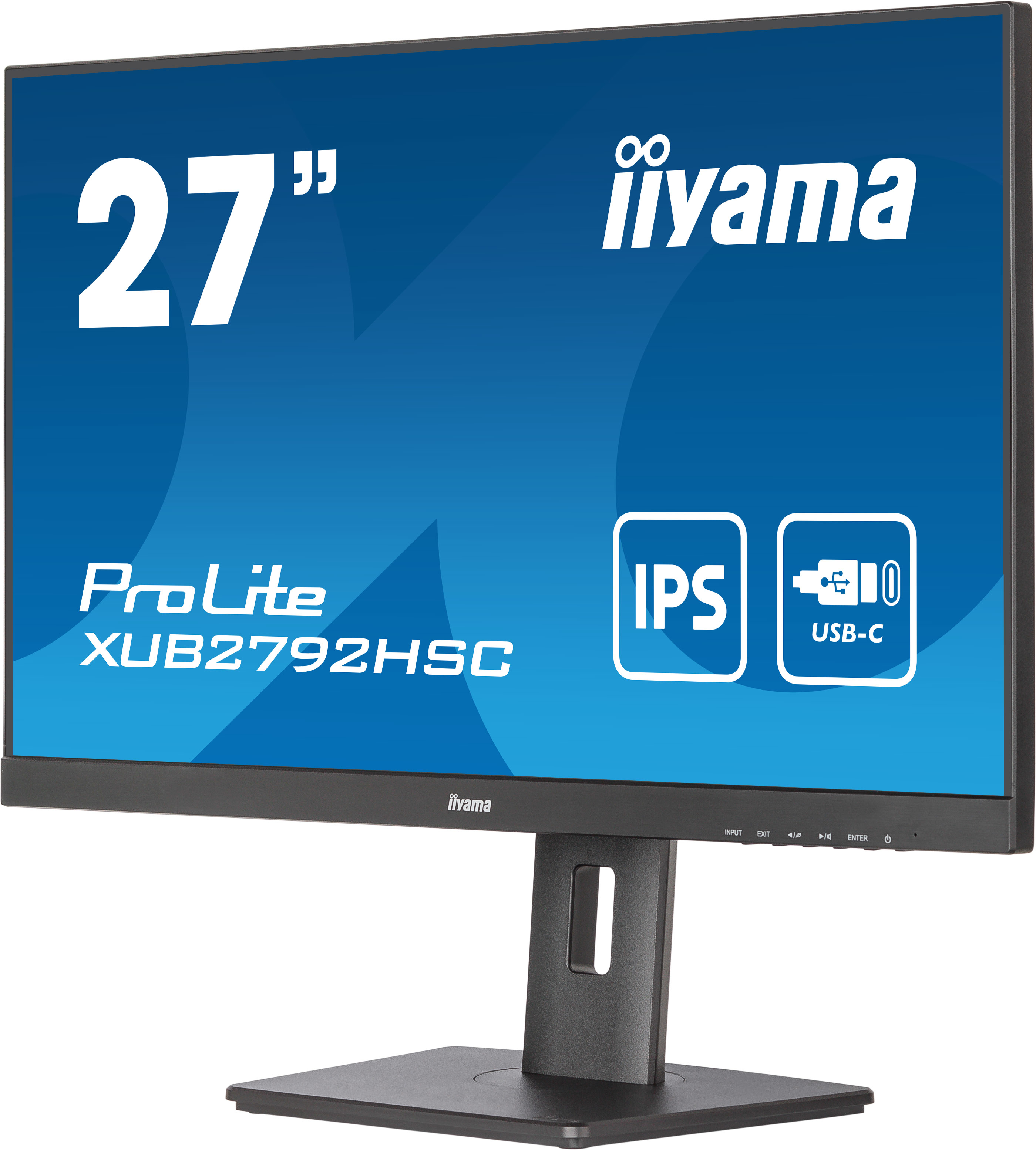 Monitor da 27" con testo e loghi su schermo blu. Ha un supporto nero.