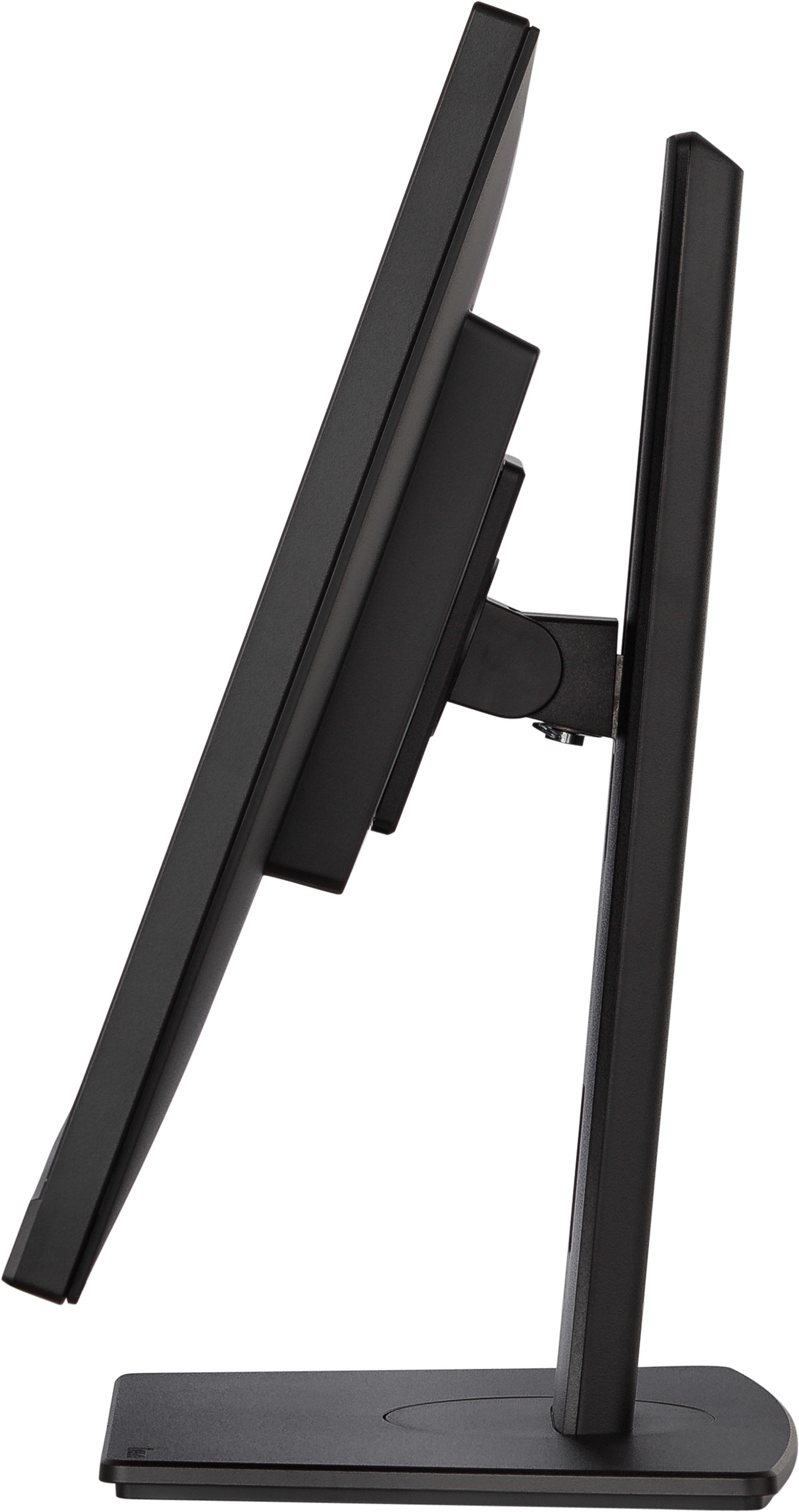 Vista laterale di un monitor nero su un supporto. Il monitor è angolato e ha un supporto nero.