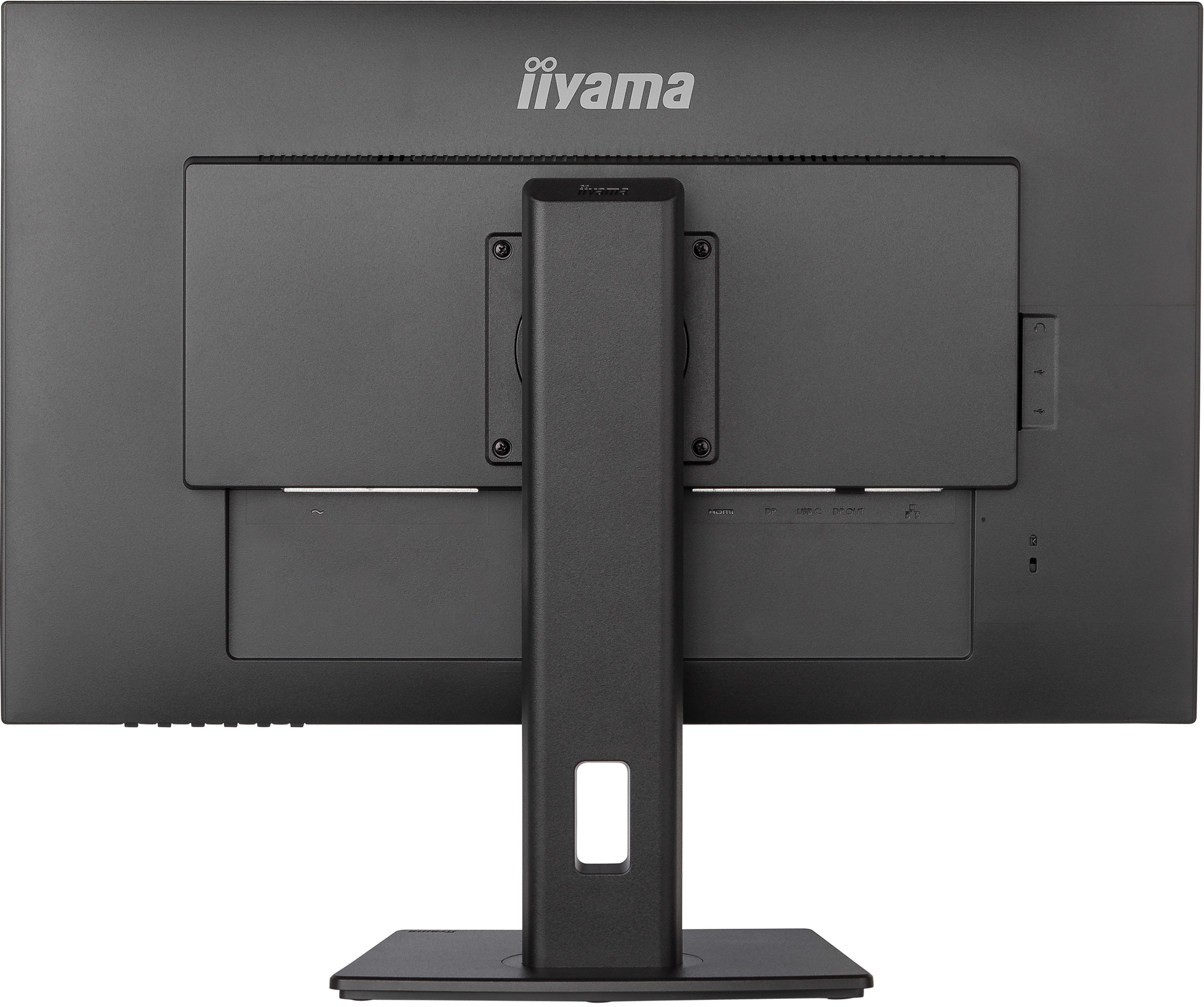 Vista posteriore di un monitor iiyama nero con supporto.