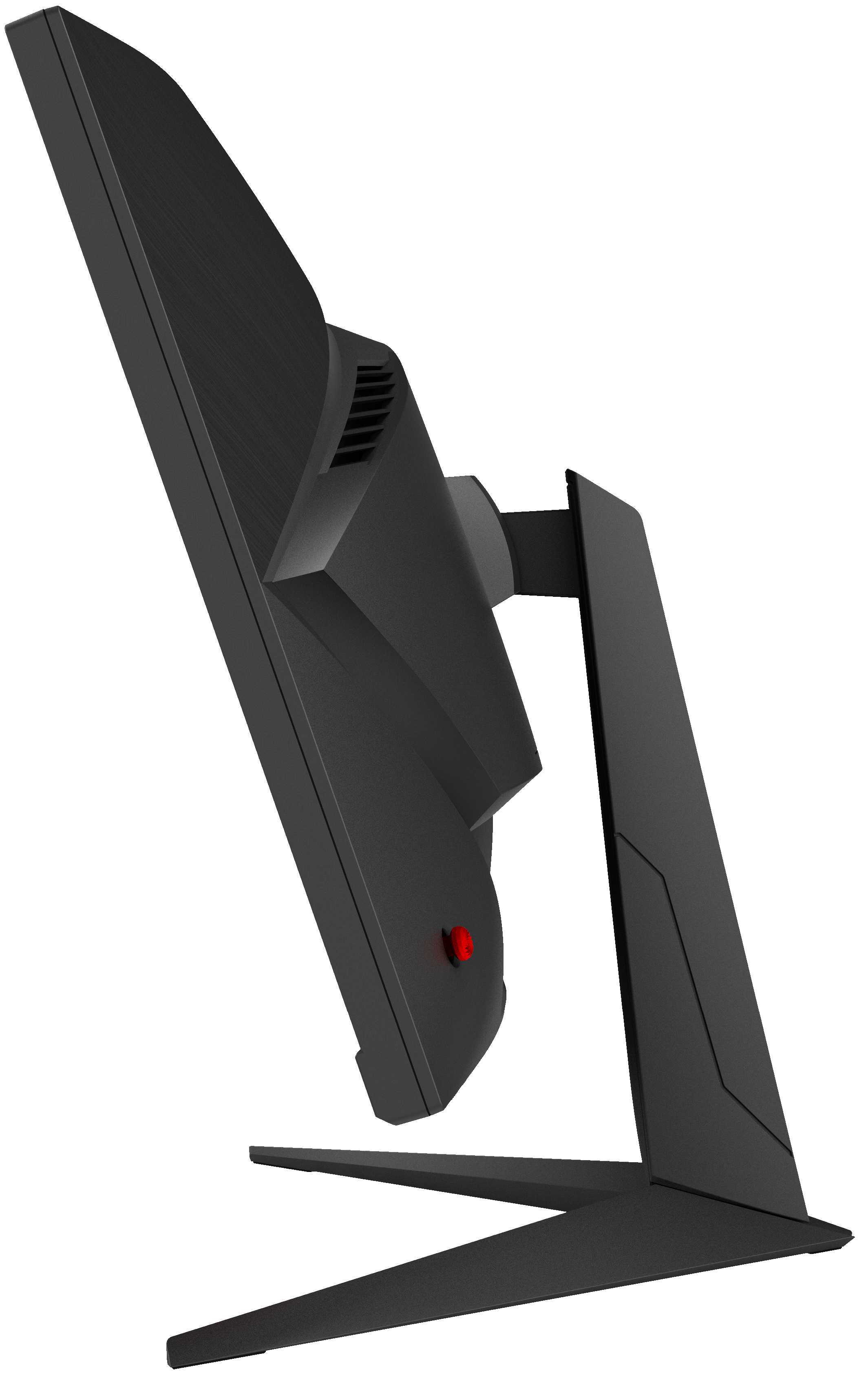 Czarny monitor, widok pod kątem. Czerwone światło z boku. Czarna podstawa.