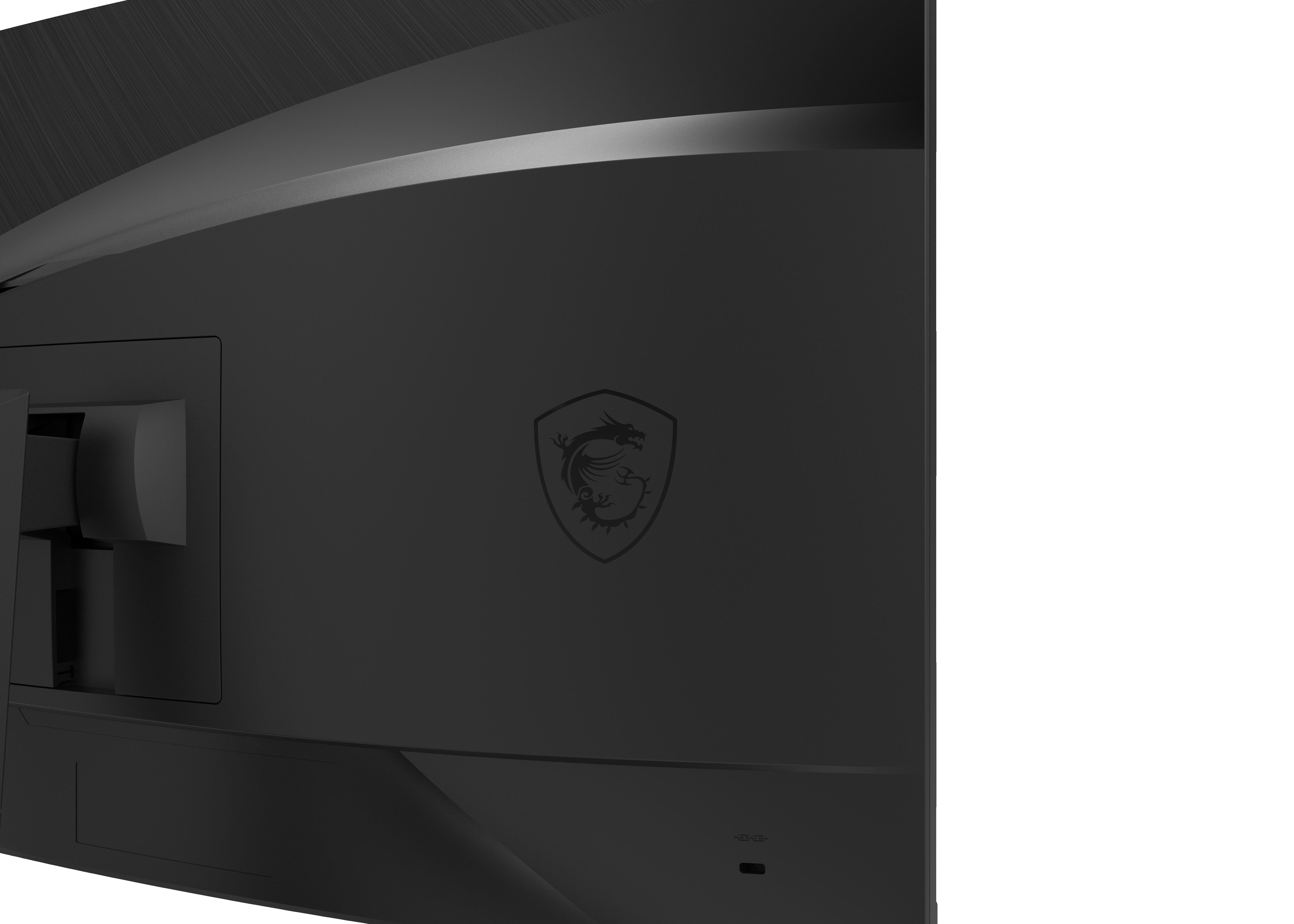 Zbliżenie tyłu czarnego monitora do gier MSI. Widoczne logo smoka MSI.