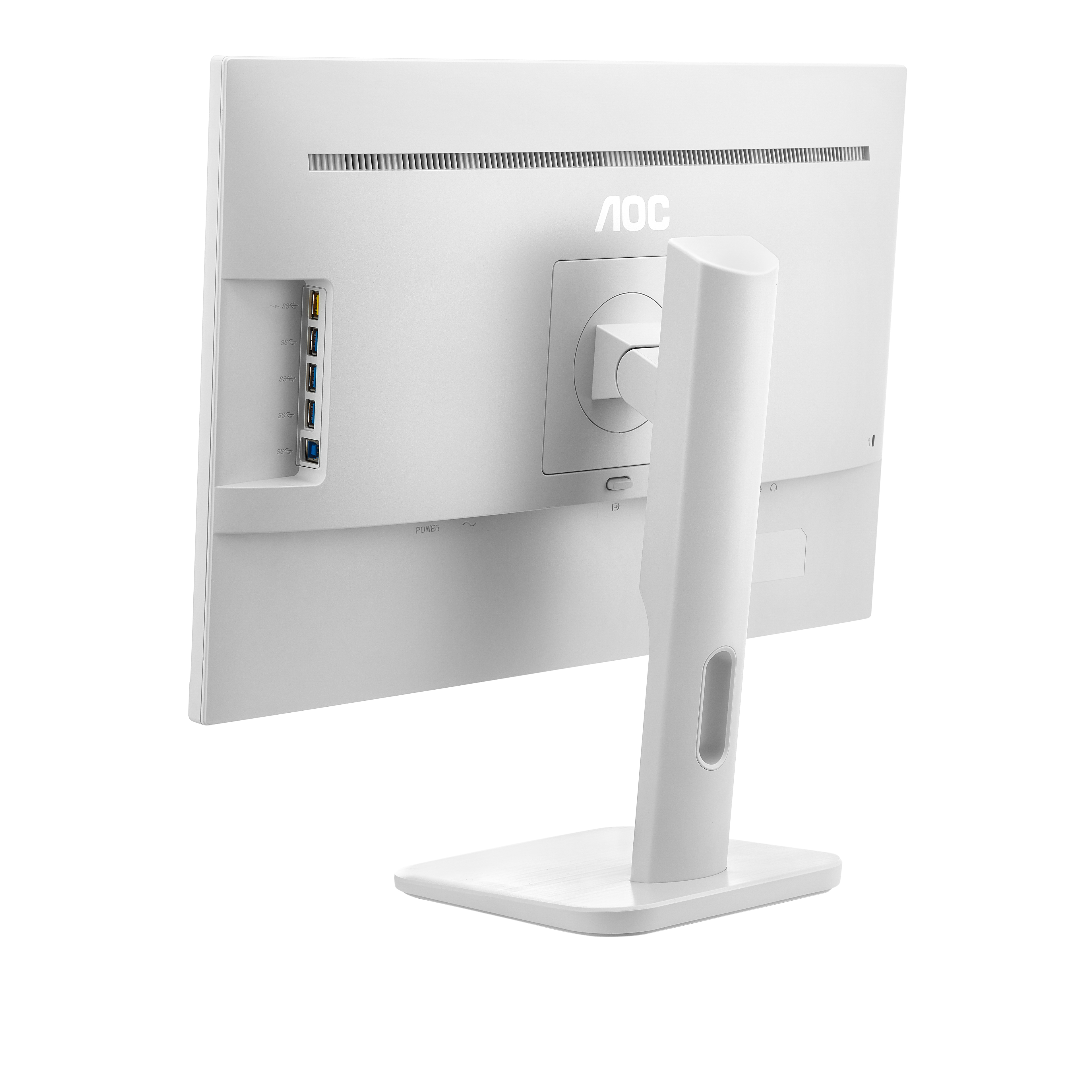 Tył białego monitora AOC. Widoczne porty i podstawka. Logo AOC u góry.