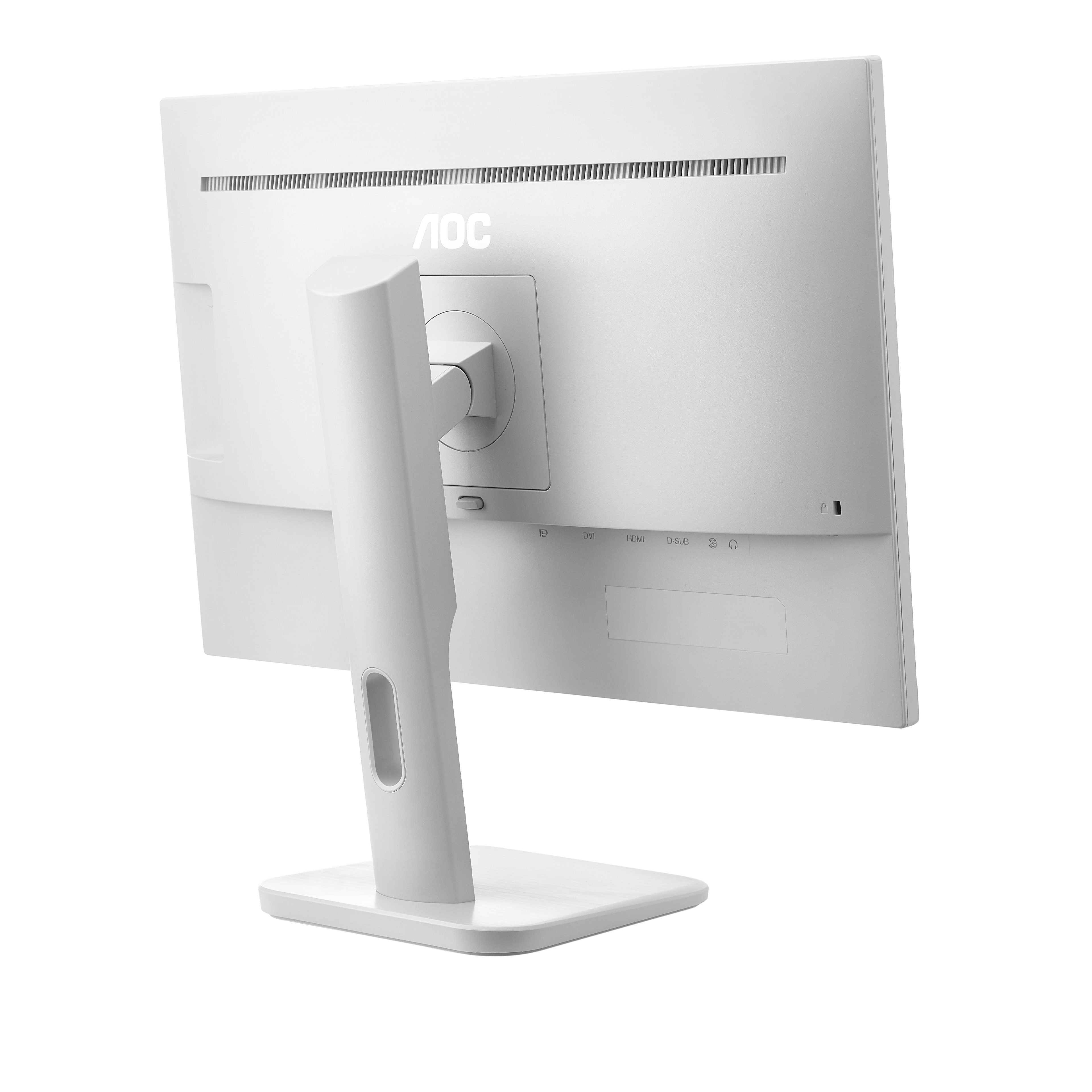 Biały monitor AOC od tyłu. Stojak jest biały, z okrągłym otworem. Widoczne logo AOC.