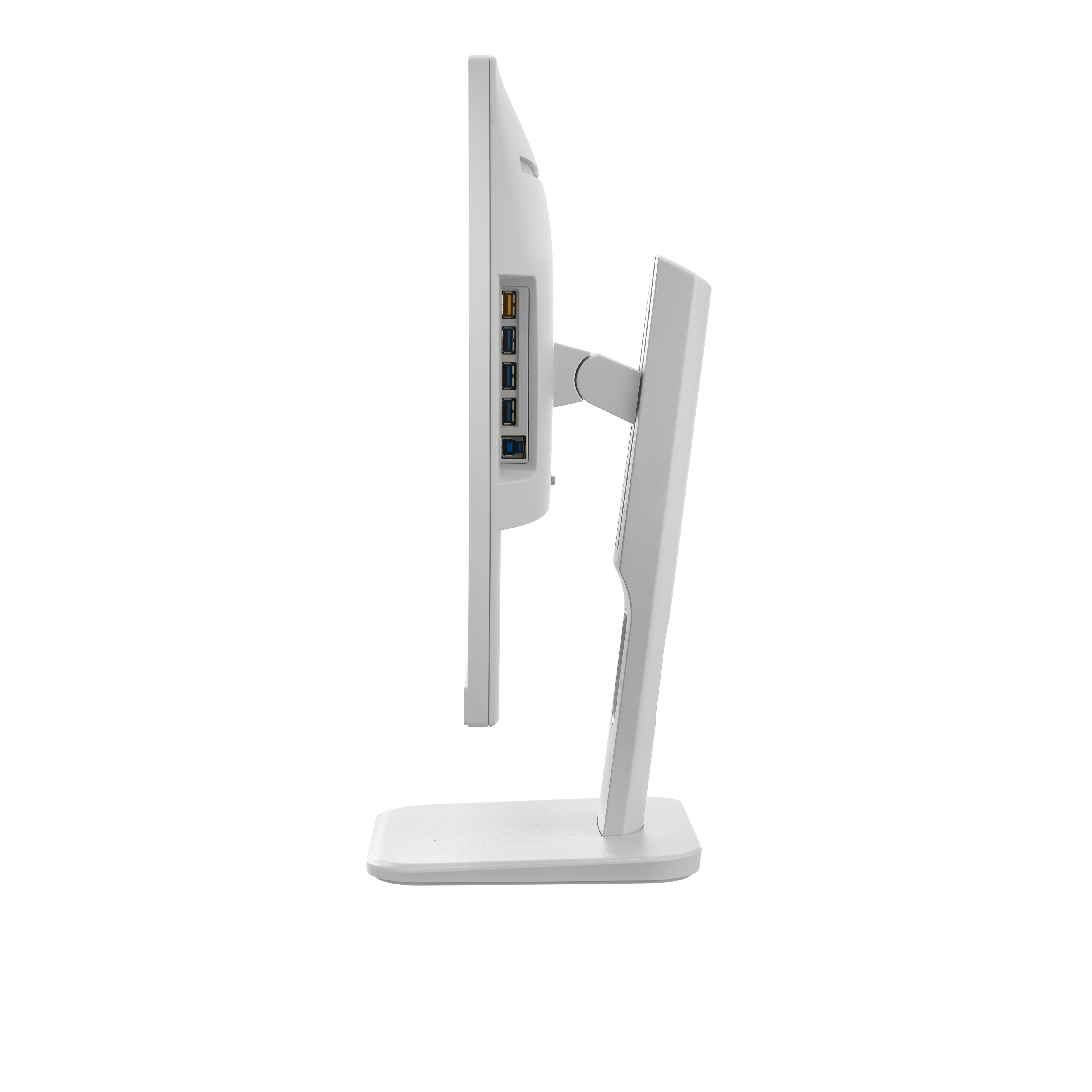 Biały monitor, widok z boku, pokazujący porty i podstawę na białym tle.