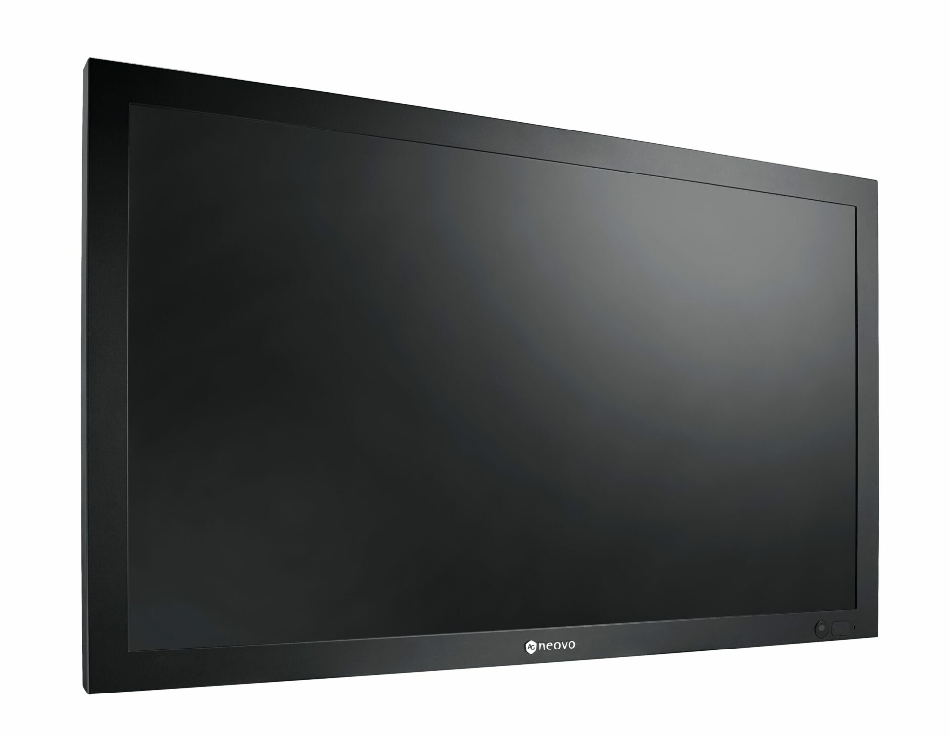 Vorderseite eines schwarzen Monitors. Es ist ein einfacher schwarzer Bildschirm mit dünnem schwarzen Rahmen.