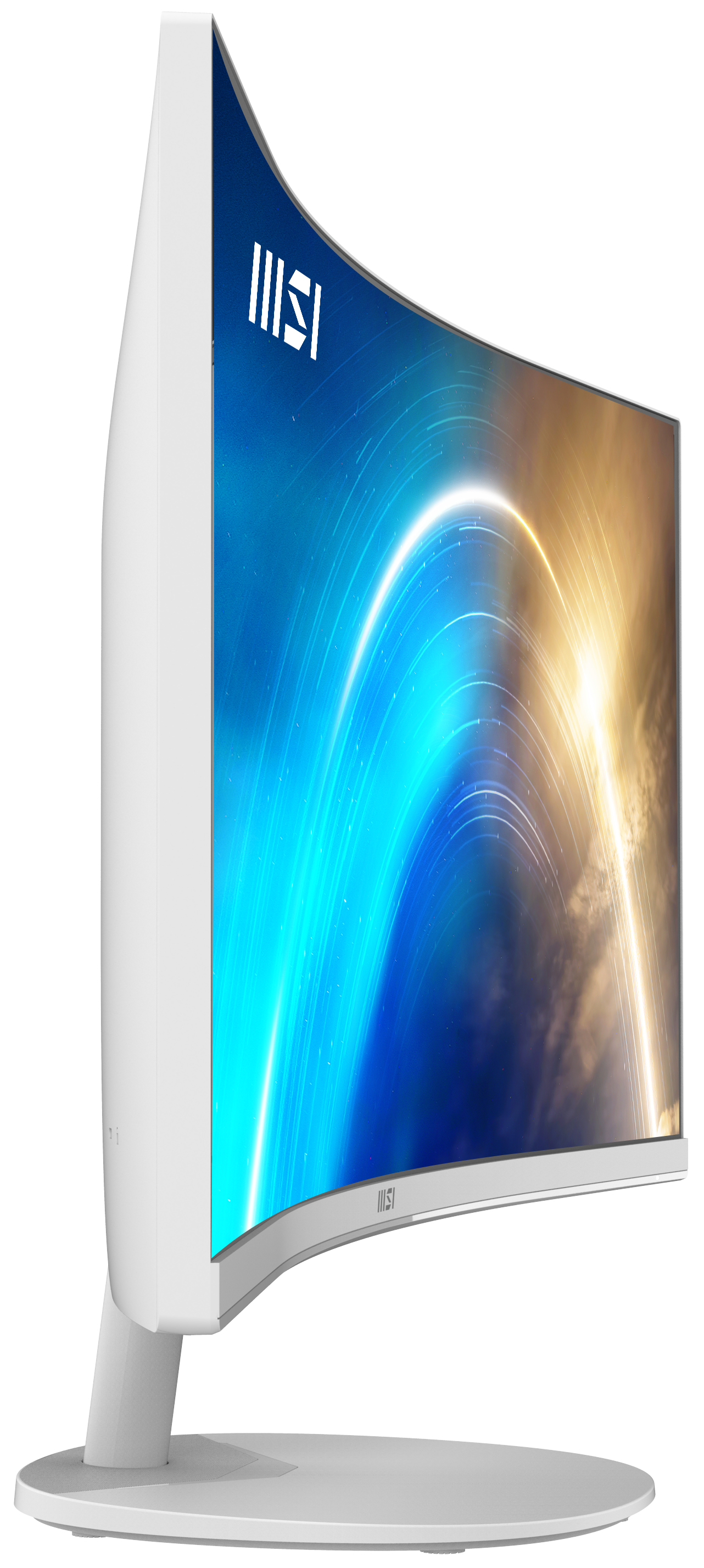 Biały zakrzywiony monitor MSI, widok z boku, z logo MSI na dole.