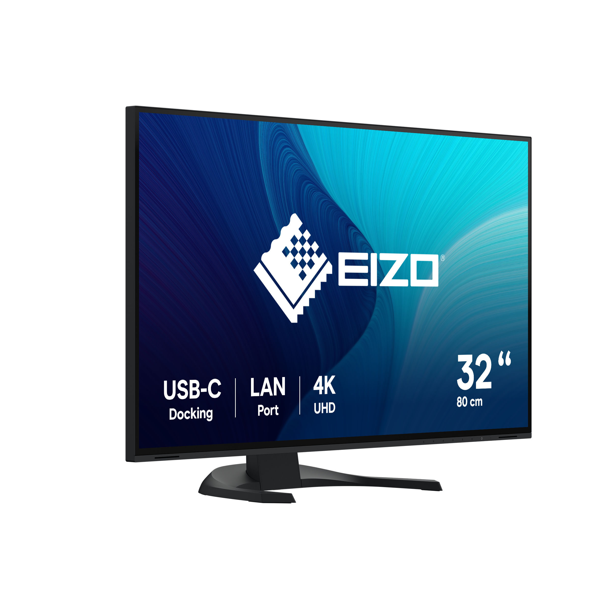 Czarny monitor EIZO z portem USB-C, portem LAN i rozdzielczością 4K UHD.