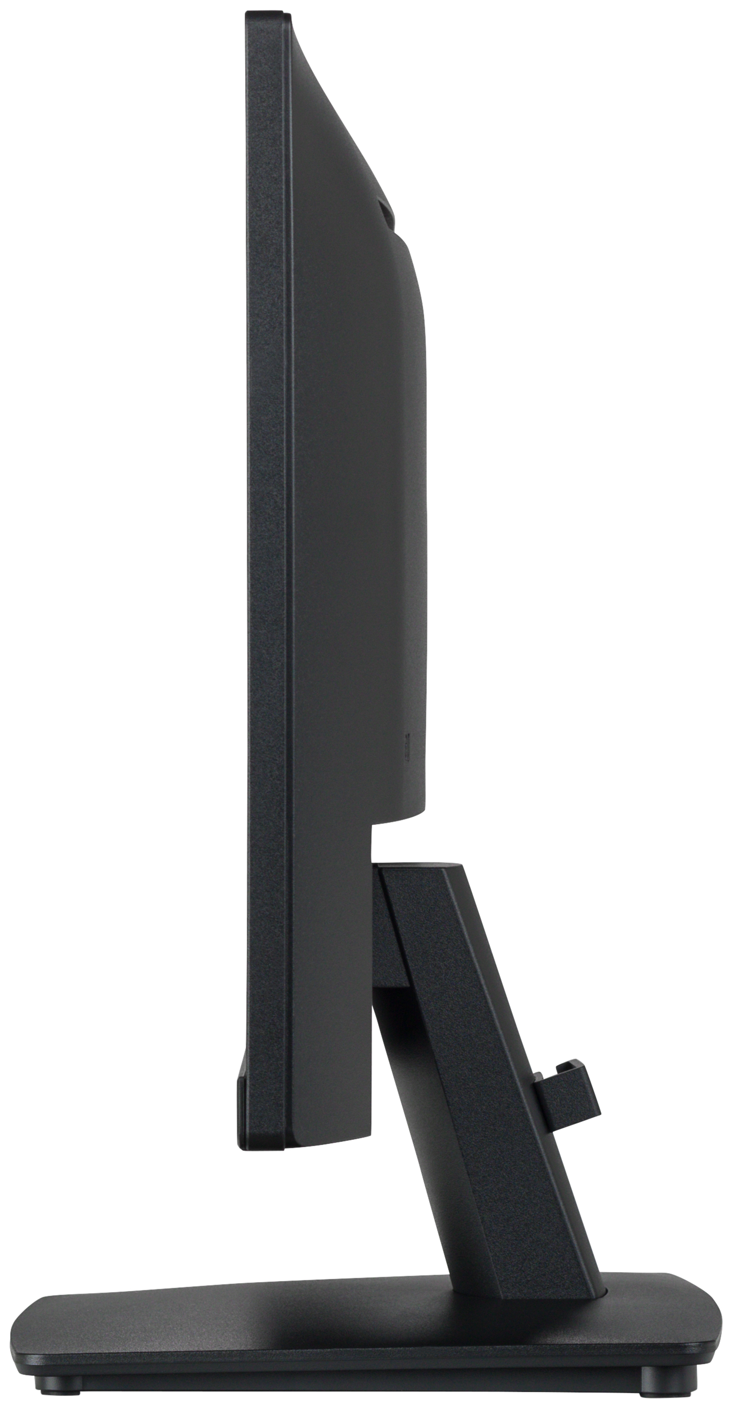 Vista laterale di un monitor nero, che mostra lo schermo, il supporto e il profilo laterale.