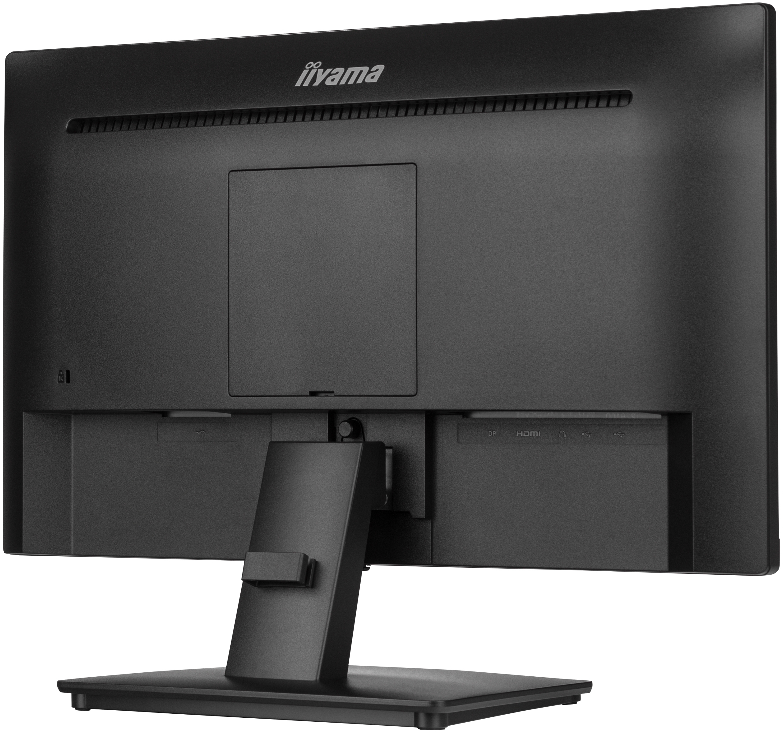 Vista posteriore di un monitor Iiyama nero. Le porte sono in basso. Il supporto è collegato.