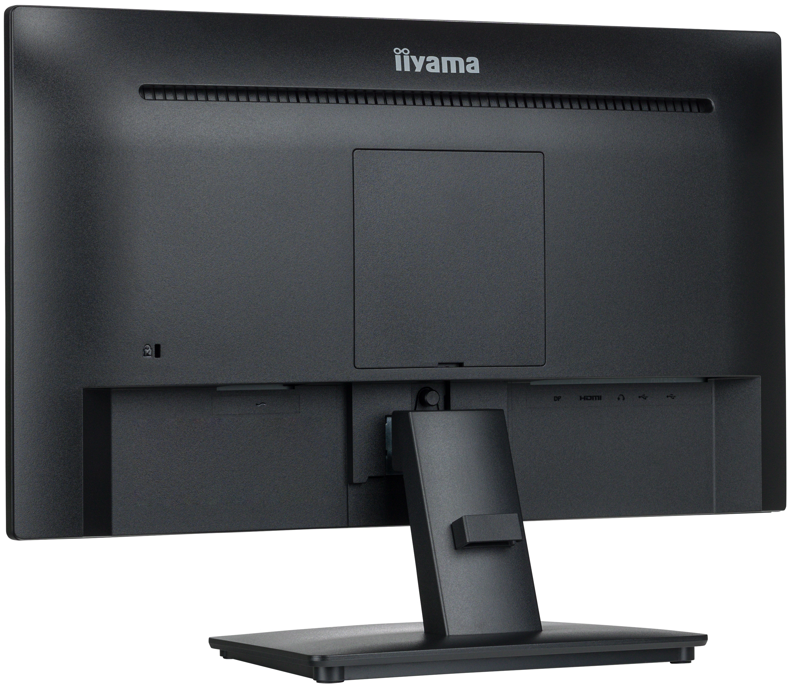 Vista posteriore di un monitor nero, che mostra porte e connessioni del supporto.