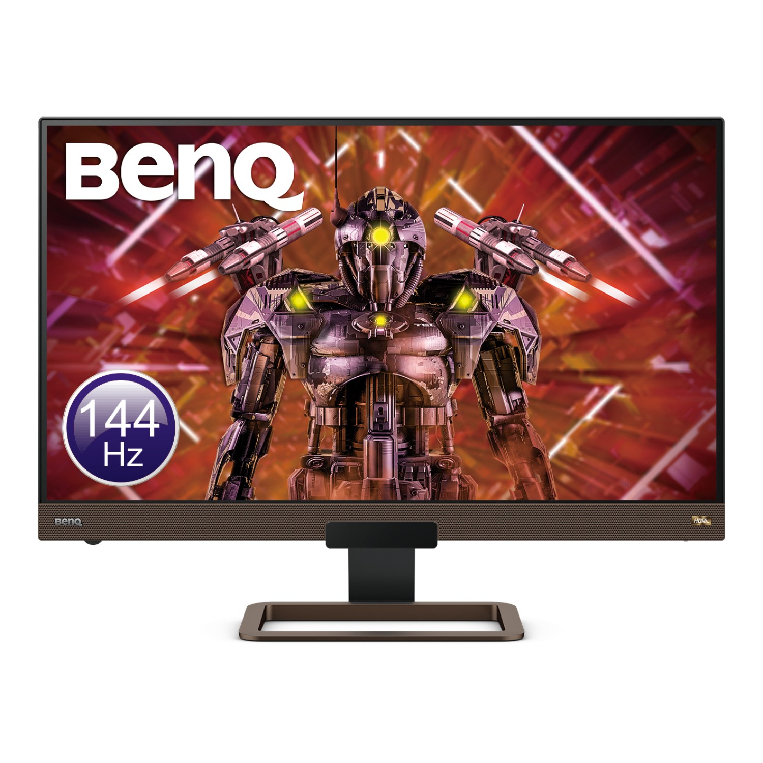 Monitor BenQ wyświetla robota i płomienie. Monitor ma brązowy głośnik i podstawkę.