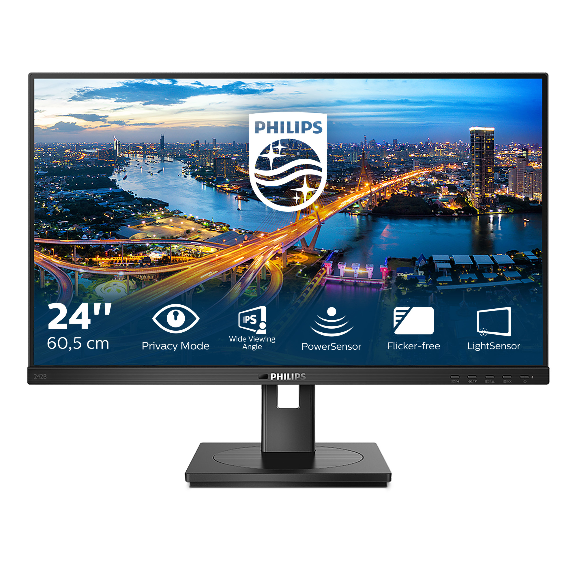 Un monitor nero che mostra un paesaggio urbano con ponti e un fiume. Il monitor ha una base nera.