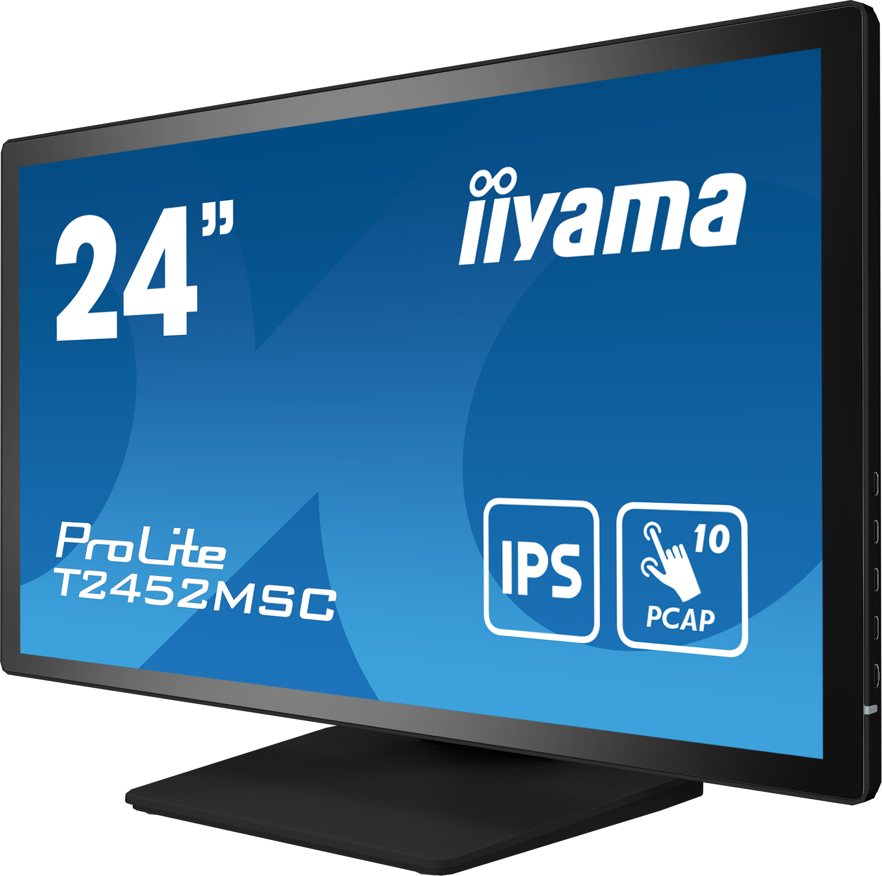 Monitor Iiyama, widok pod kątem, pokazujący ekran z tekstem i ikonami. Ma czarną ramę i podstawę.
