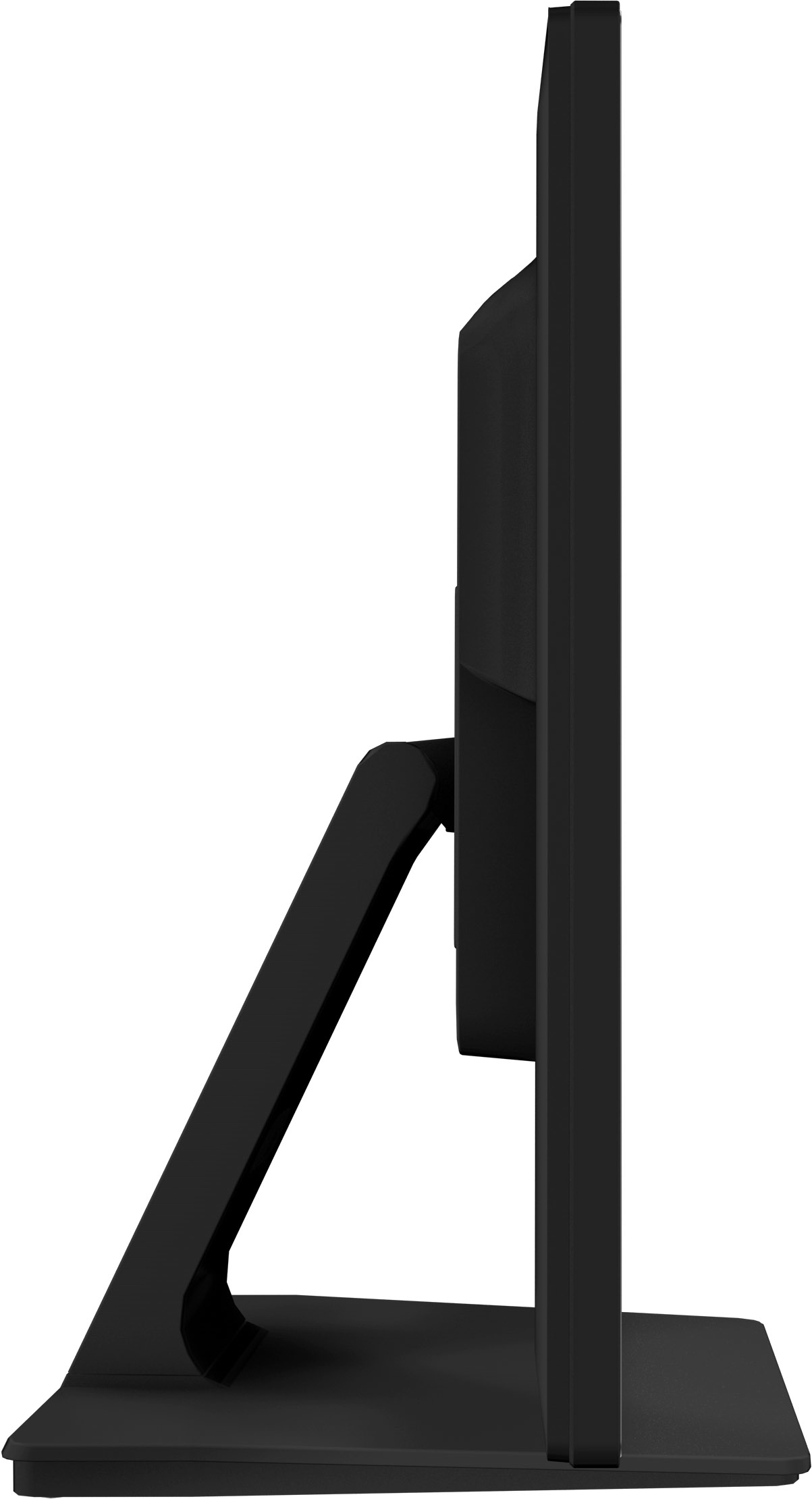 Widok z boku czarnego monitora. Czarna podstawa. Ekran jest czarny.