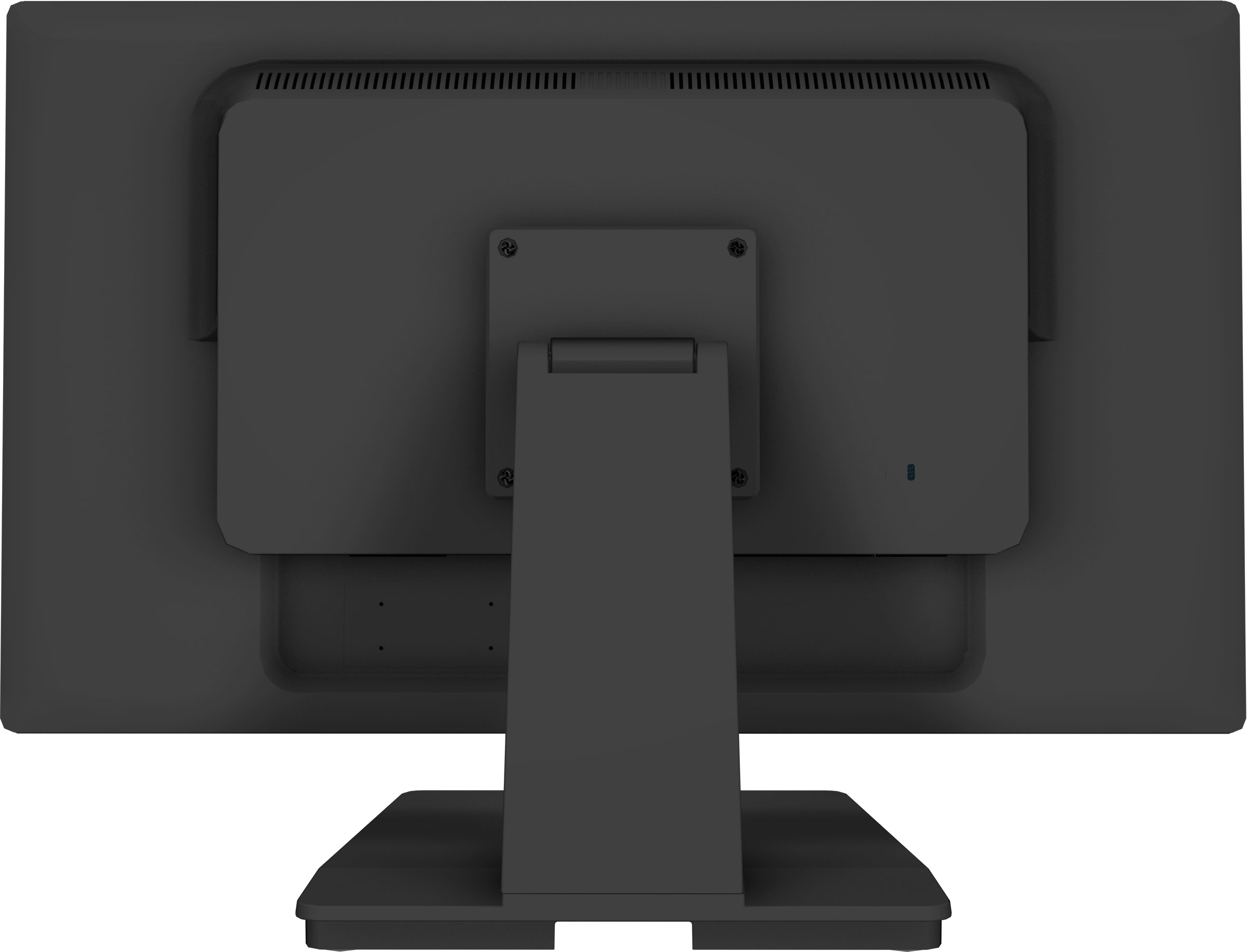Widok z tyłu szarego monitora z centralną podstawą i ciemnym panelem tylnym.