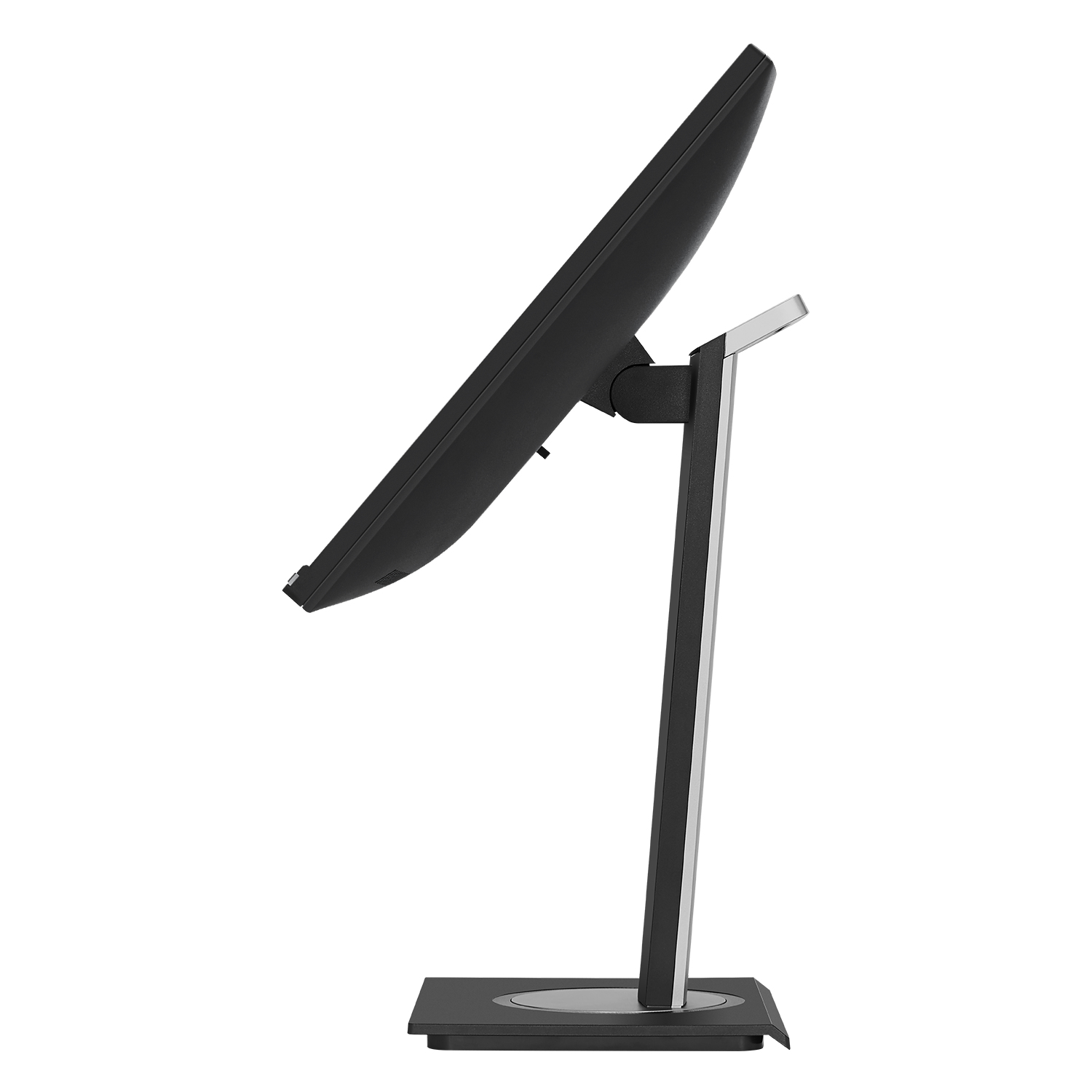 Widok z boku czarnego monitora na stojaku. Monitor jest lekko pochylony.