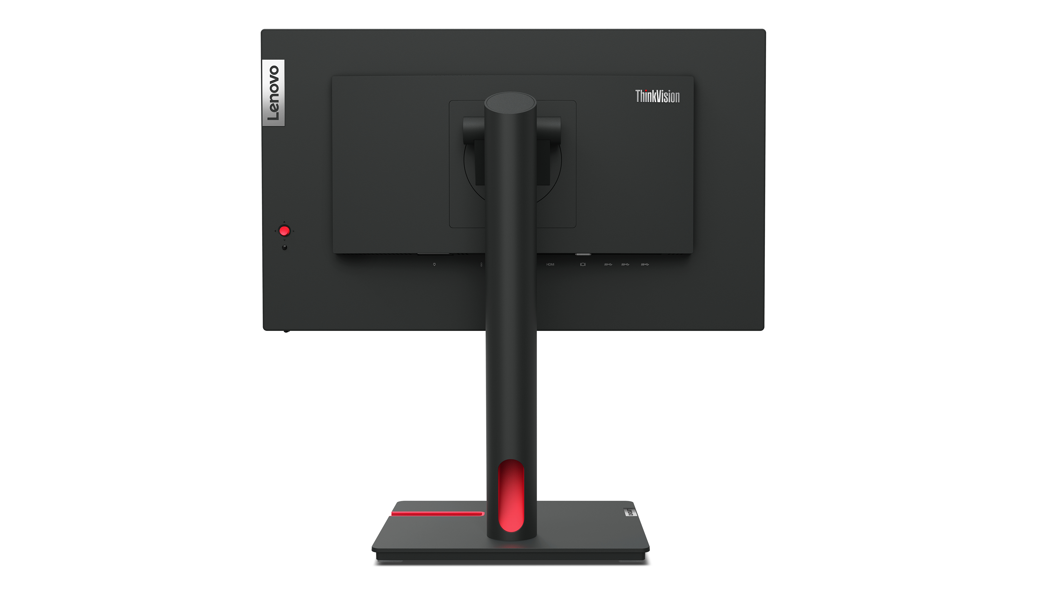 Widok z tyłu czarnego monitora Lenovo z czerwonym akcentem na podstawie.