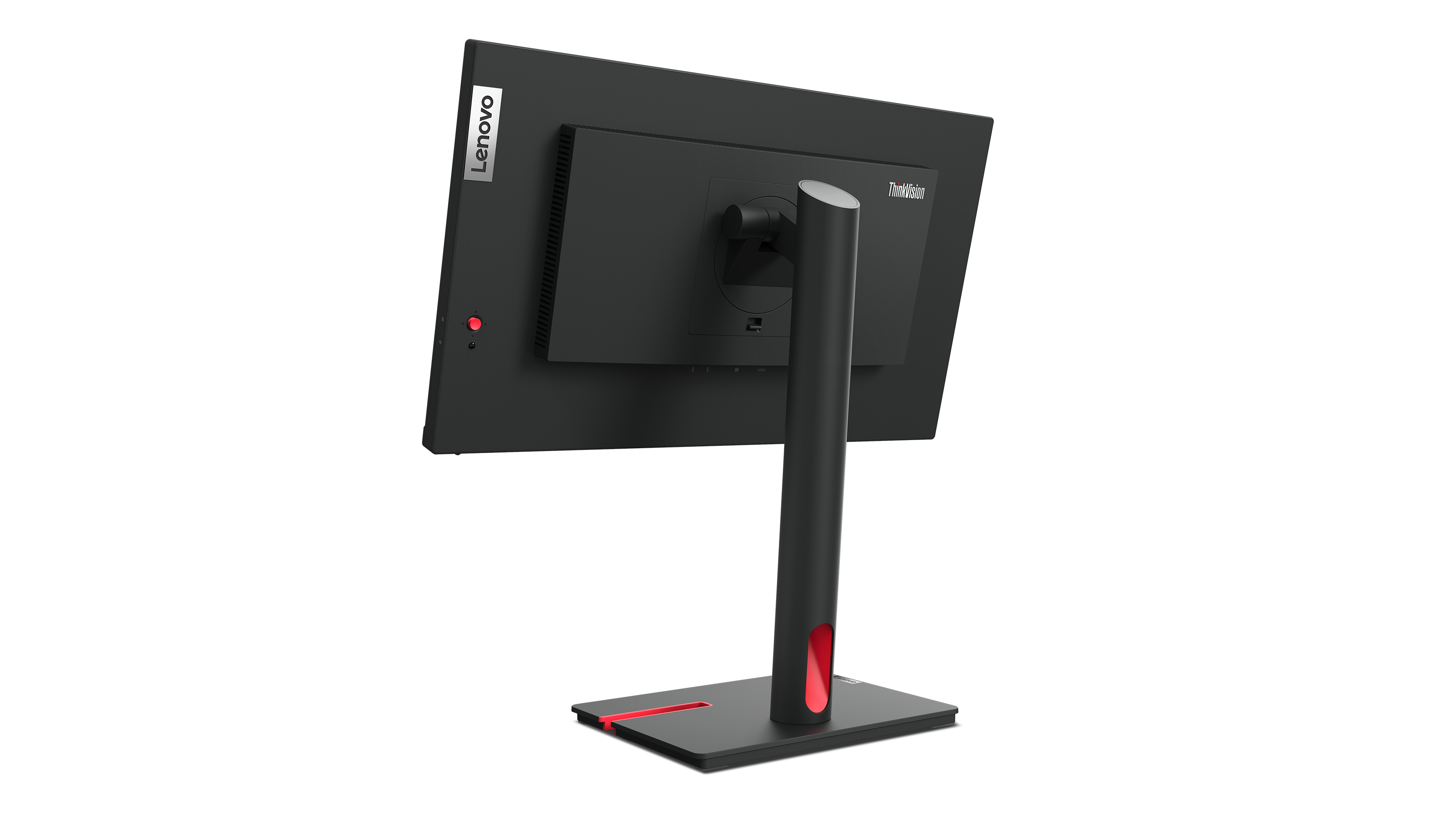 Tył czarnego monitora Lenovo. Podstawa jest czarna z czerwonym detalem. Widoczne logo Lenovo.