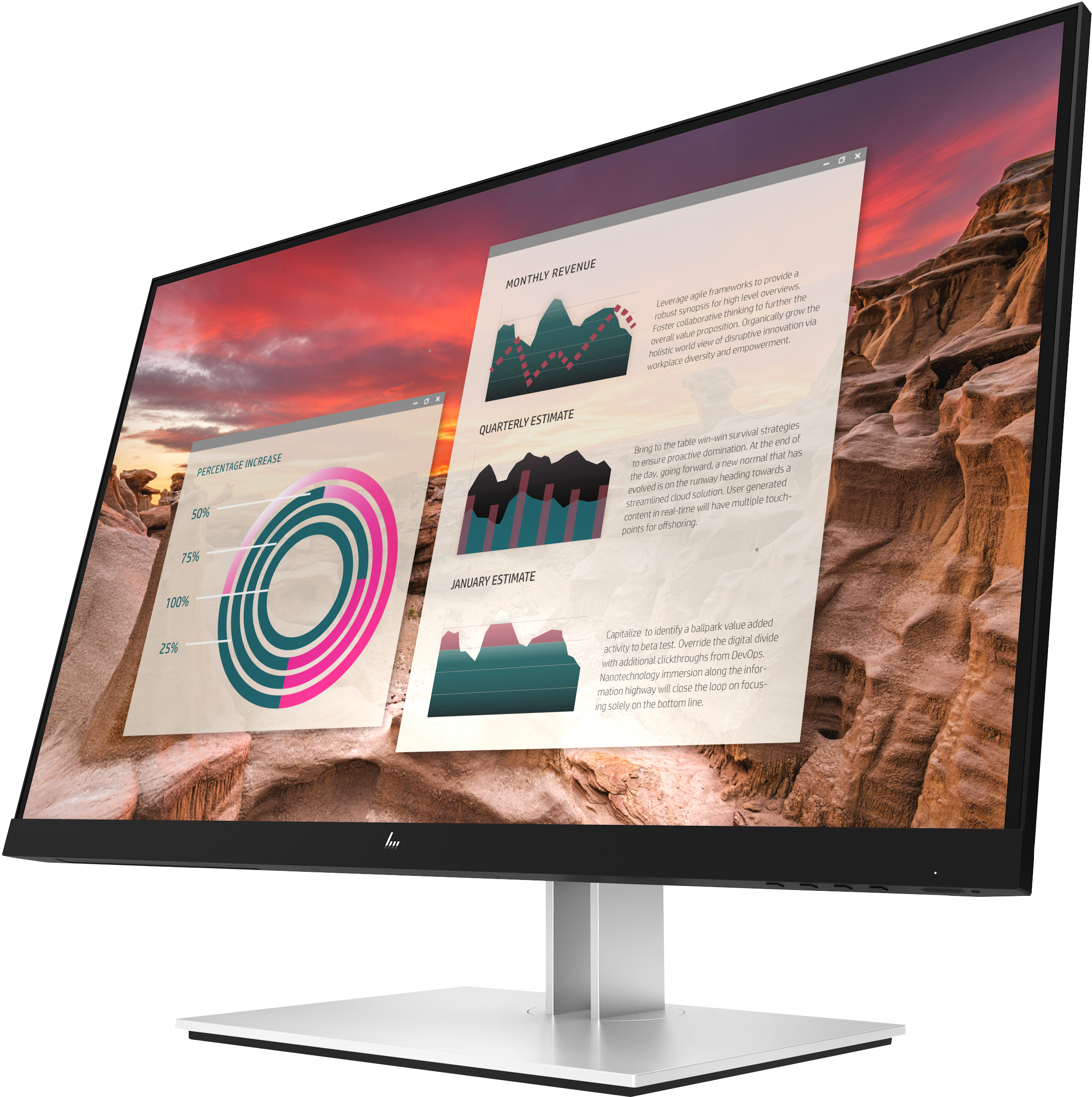 Monitor HP que muestra gráficos y texto. El monitor tiene un soporte plateado, sobre un fondo rocoso.