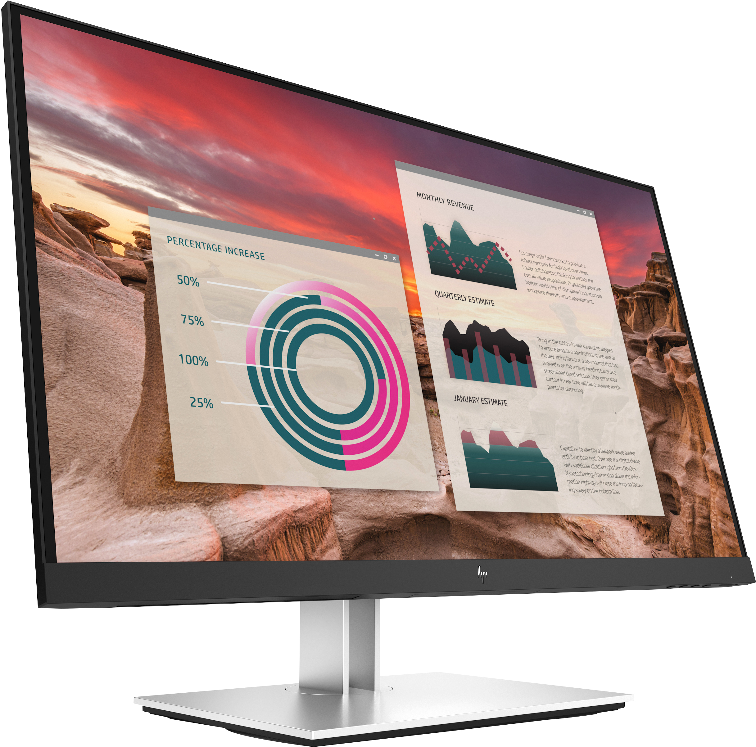 Monitor con gráficos, fondo de atardecer. Soporte plateado.