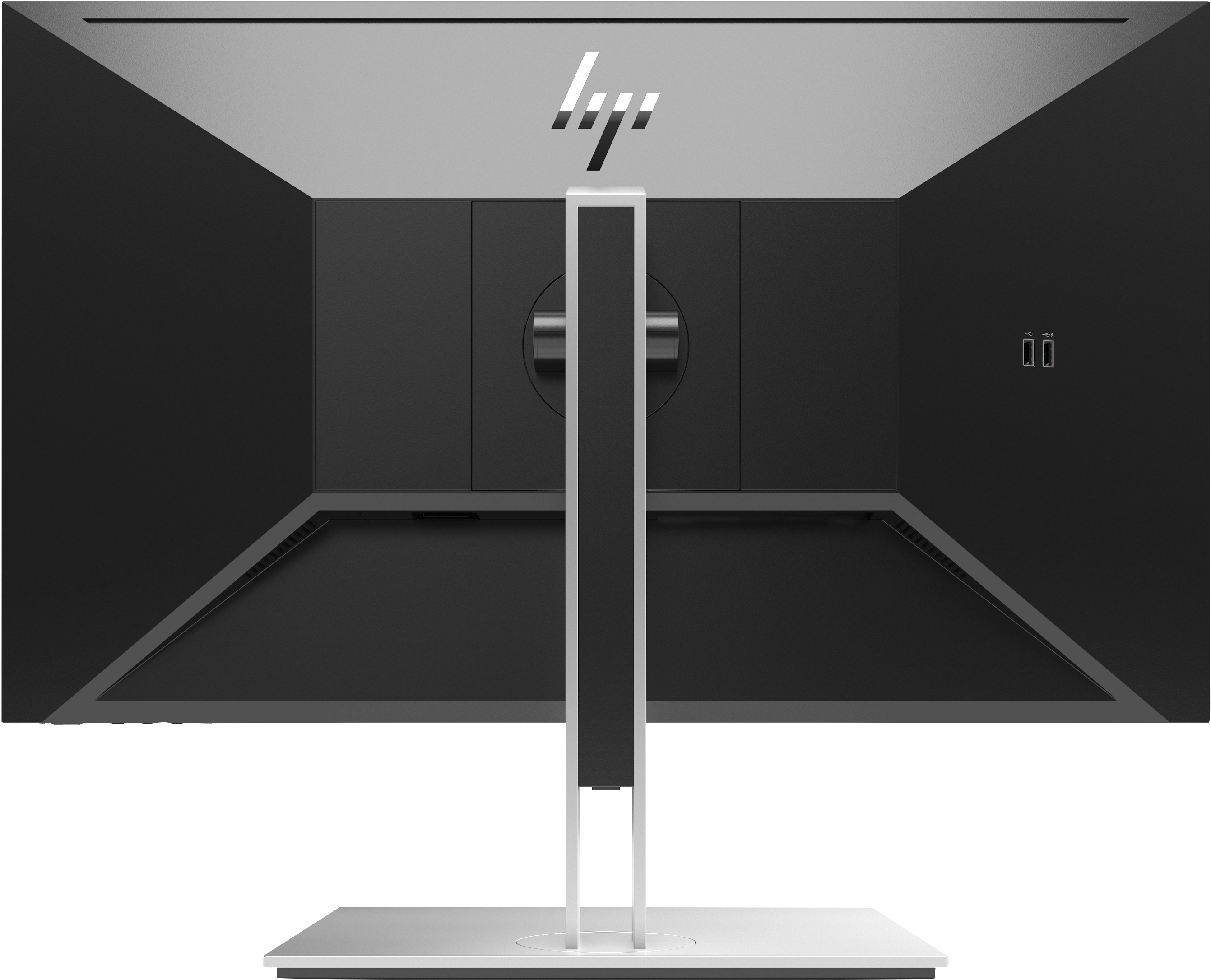 La vista trasera de un monitor negro con un soporte blanco. El fondo es blanco.