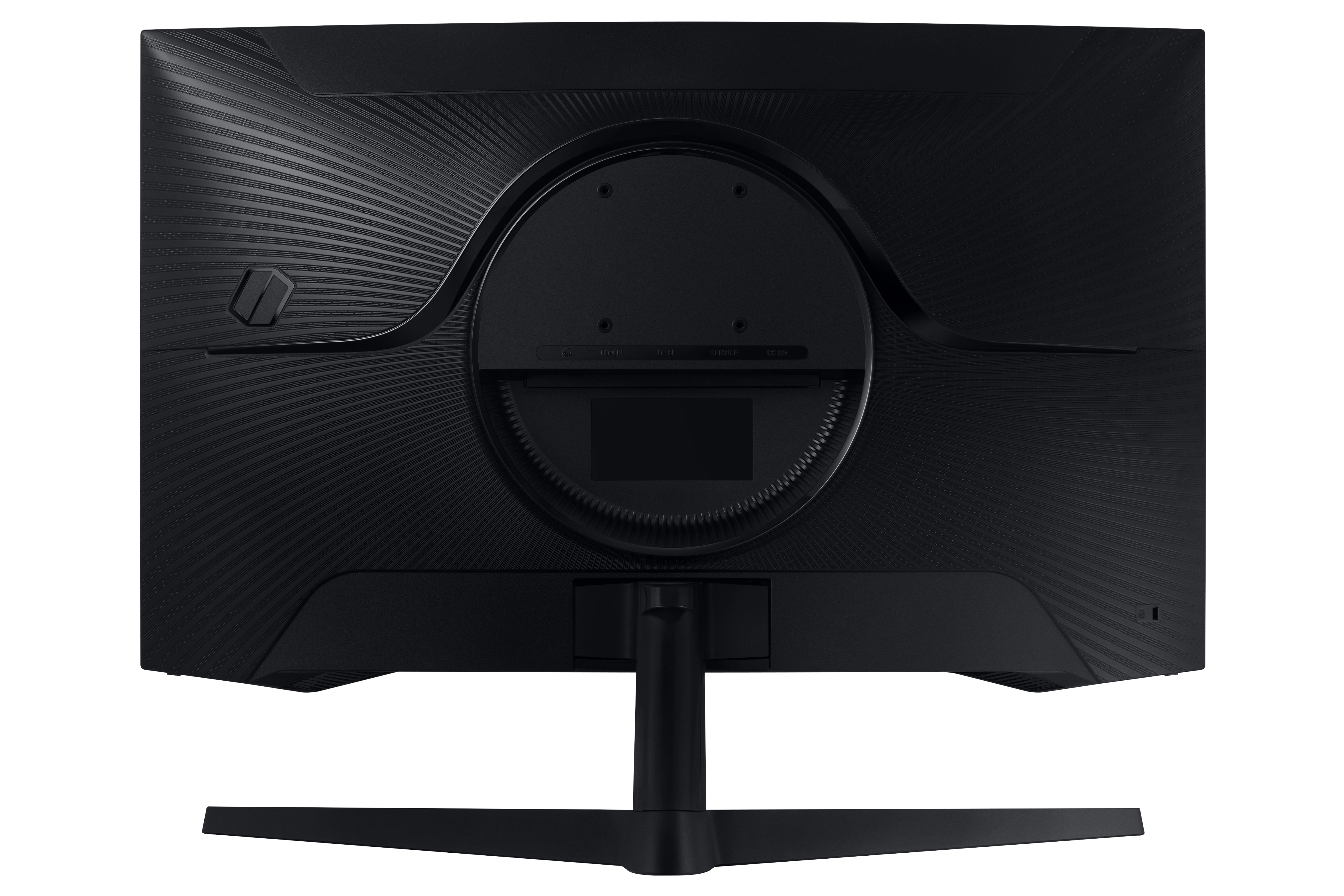 Retro di un monitor nero, con superficie strutturata e supporto. Ha un design curvo.