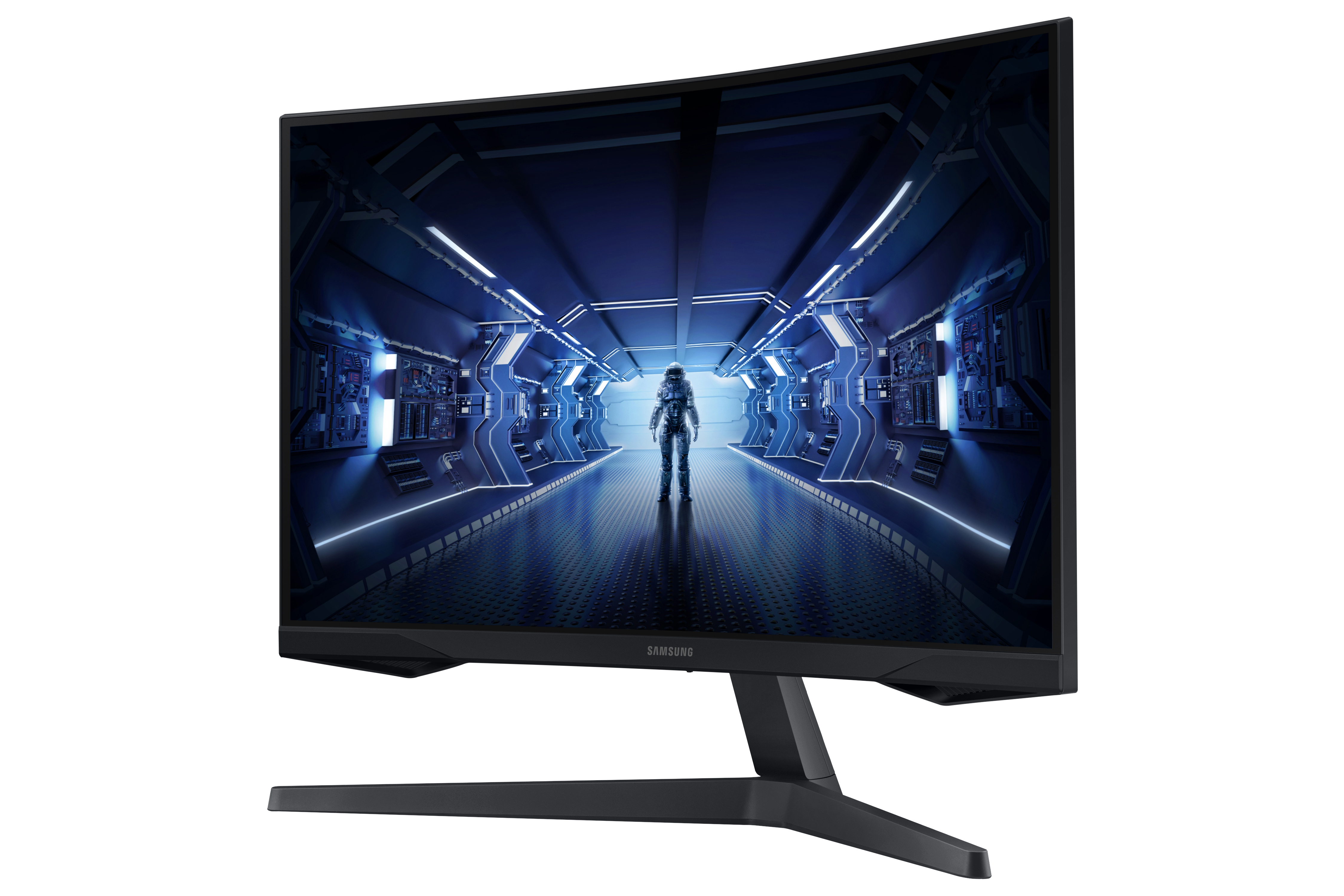Monitor nero curvo che mostra una scena di fantascienza con una figura.