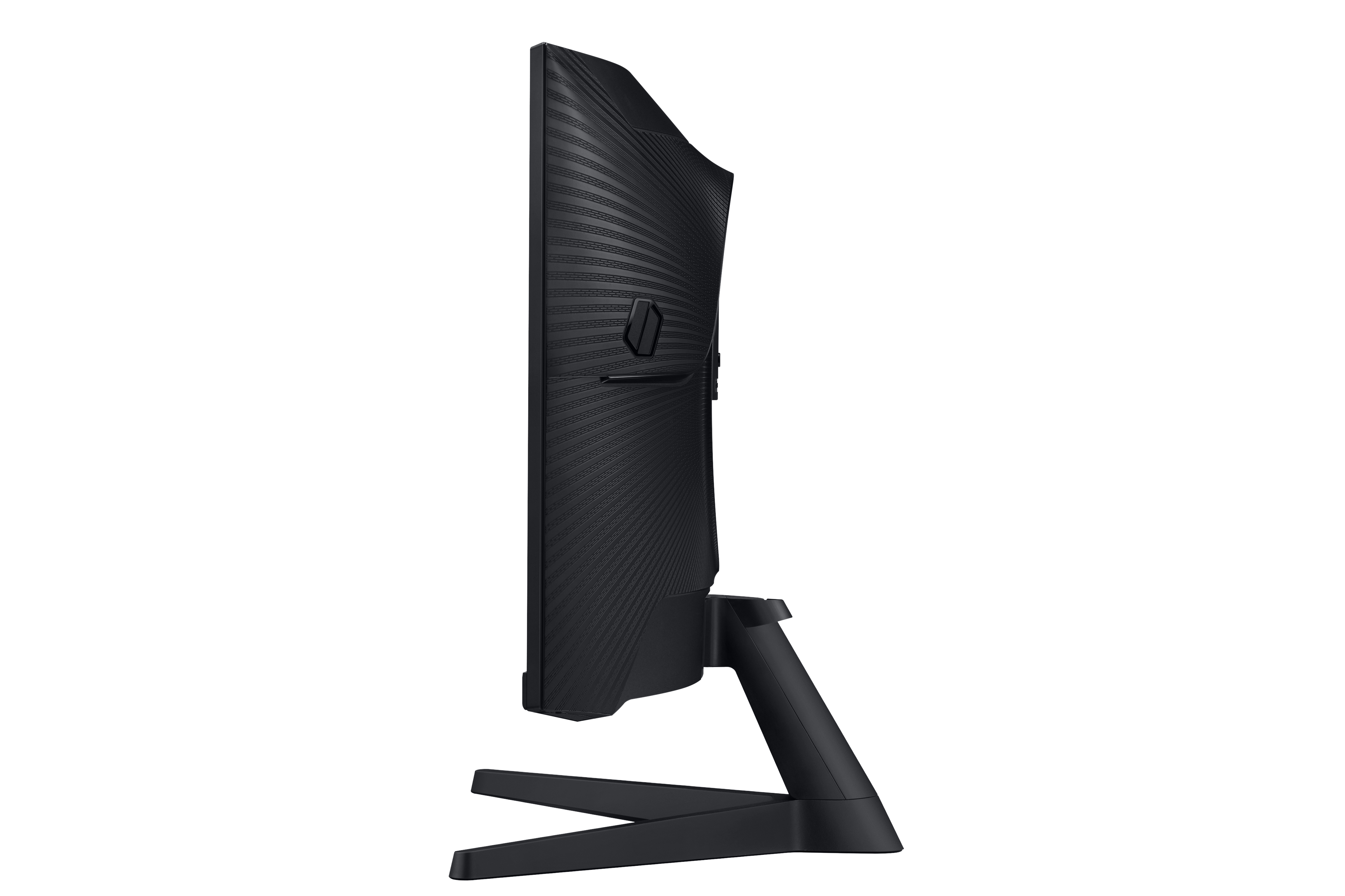 Vista laterale di un monitor curvo Samsung nero, che mostra lo schermo e il supporto. Il monitor è su bianco.