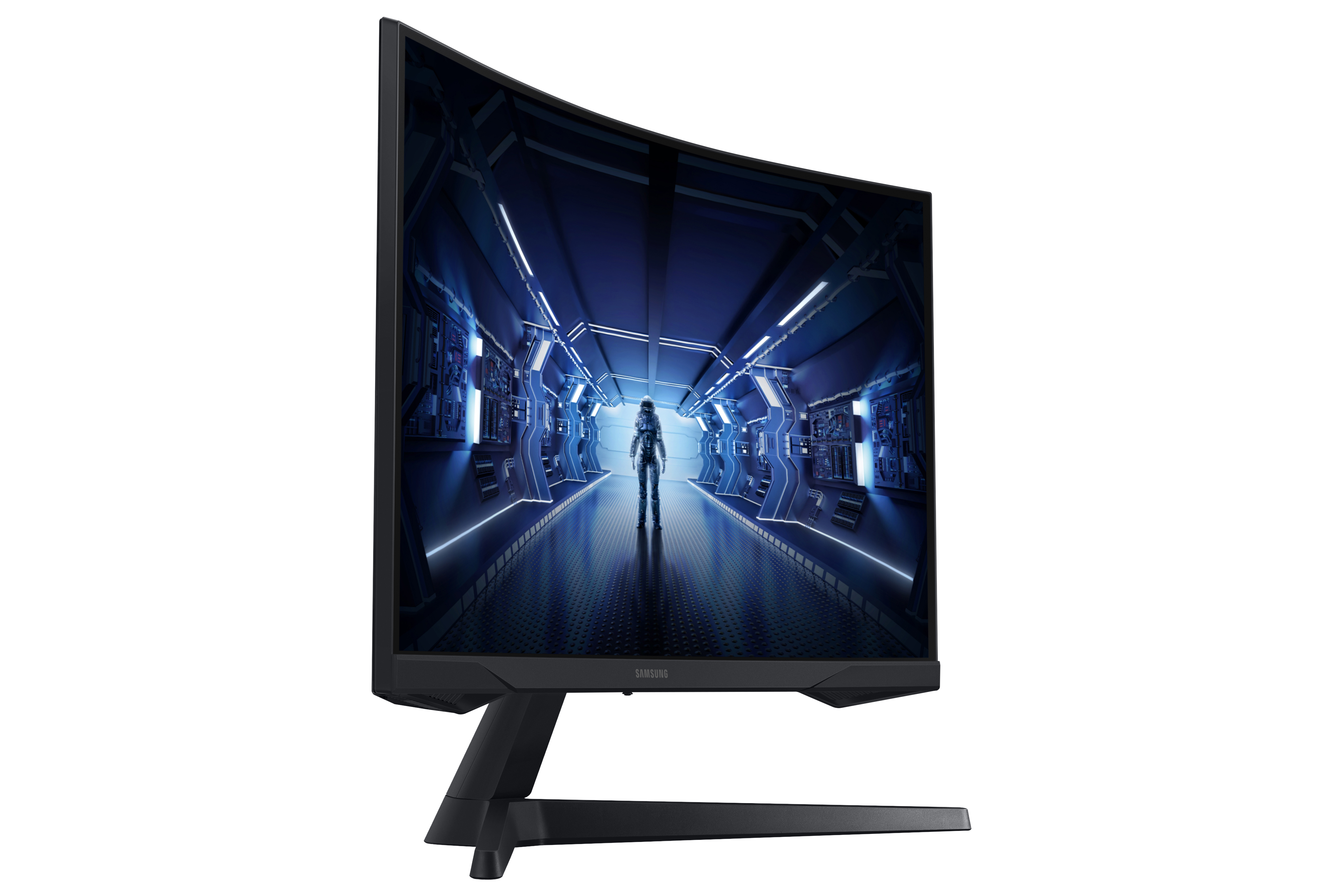 Monitor Samsung curvo che mostra una scena futuristica con una figura in un corridoio blu.