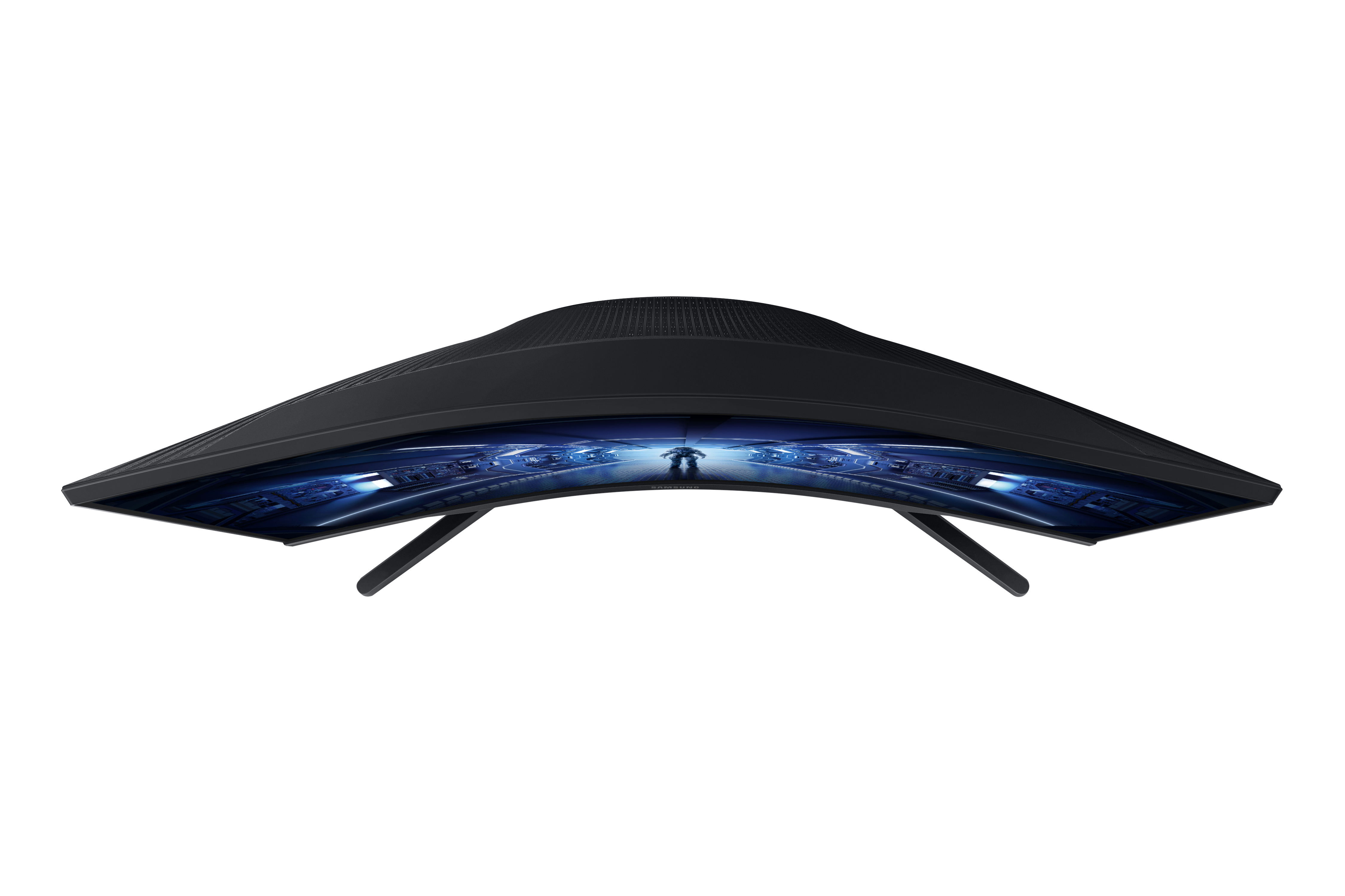 Monitor Samsung curvo, vista dall'alto, con riflesso di luce blu.