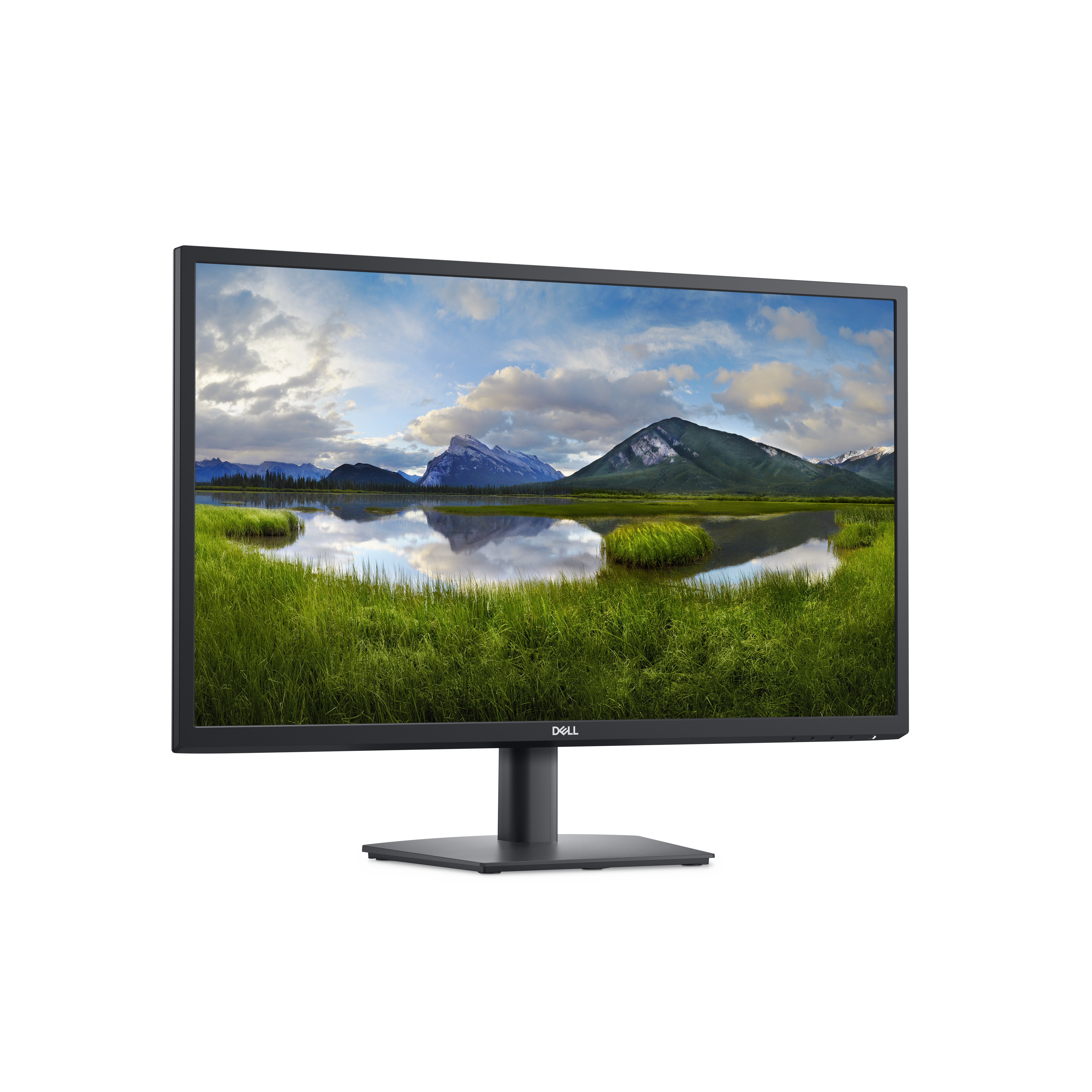 Ein Dell-Monitor zeigt eine malerische Landschaft. Ein See spiegelt Berge und Himmel wider. Grünes Gras ist im Vordergrund sichtbar.