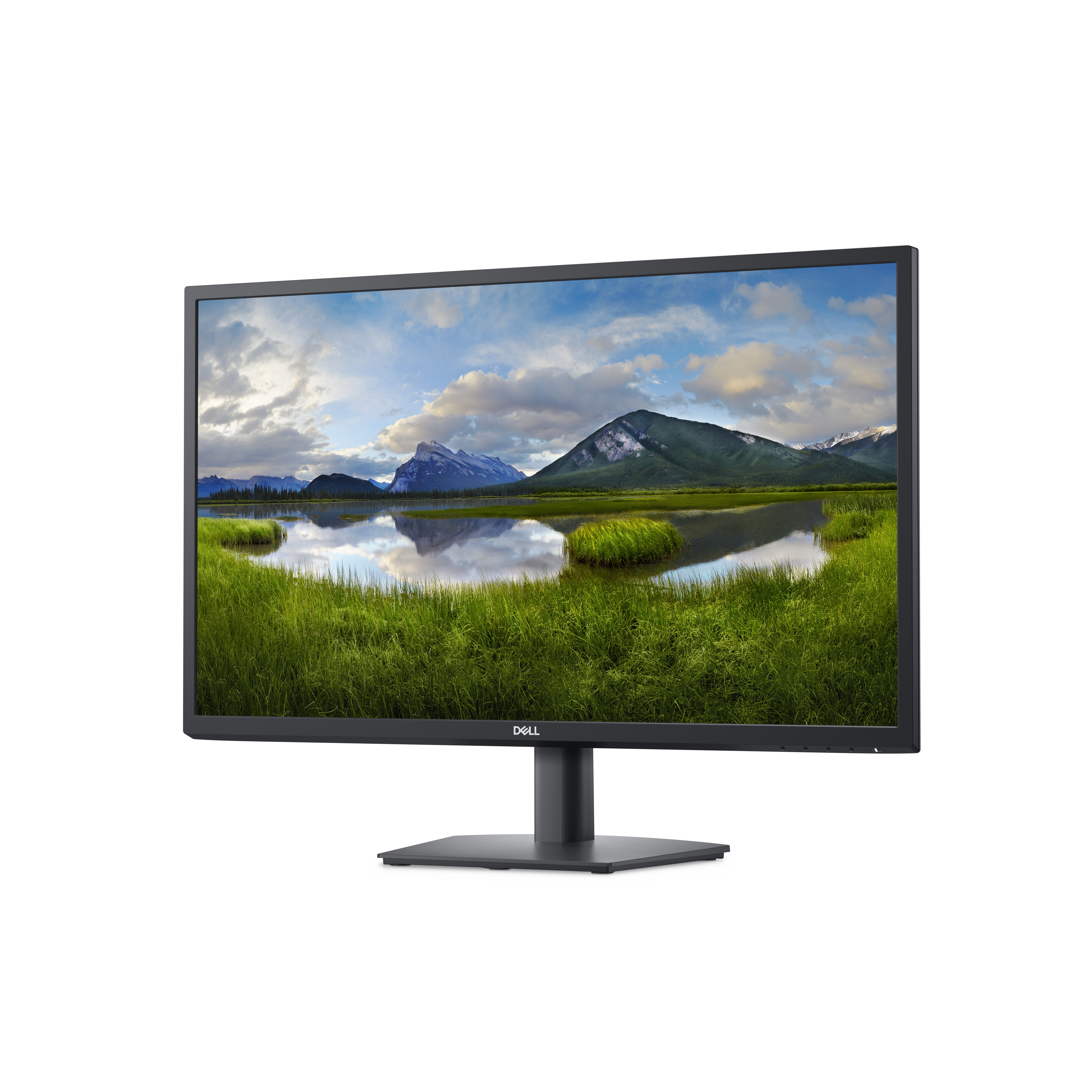 Dell Monitor mit Landschaft, Bergen, See und grünem Gras.