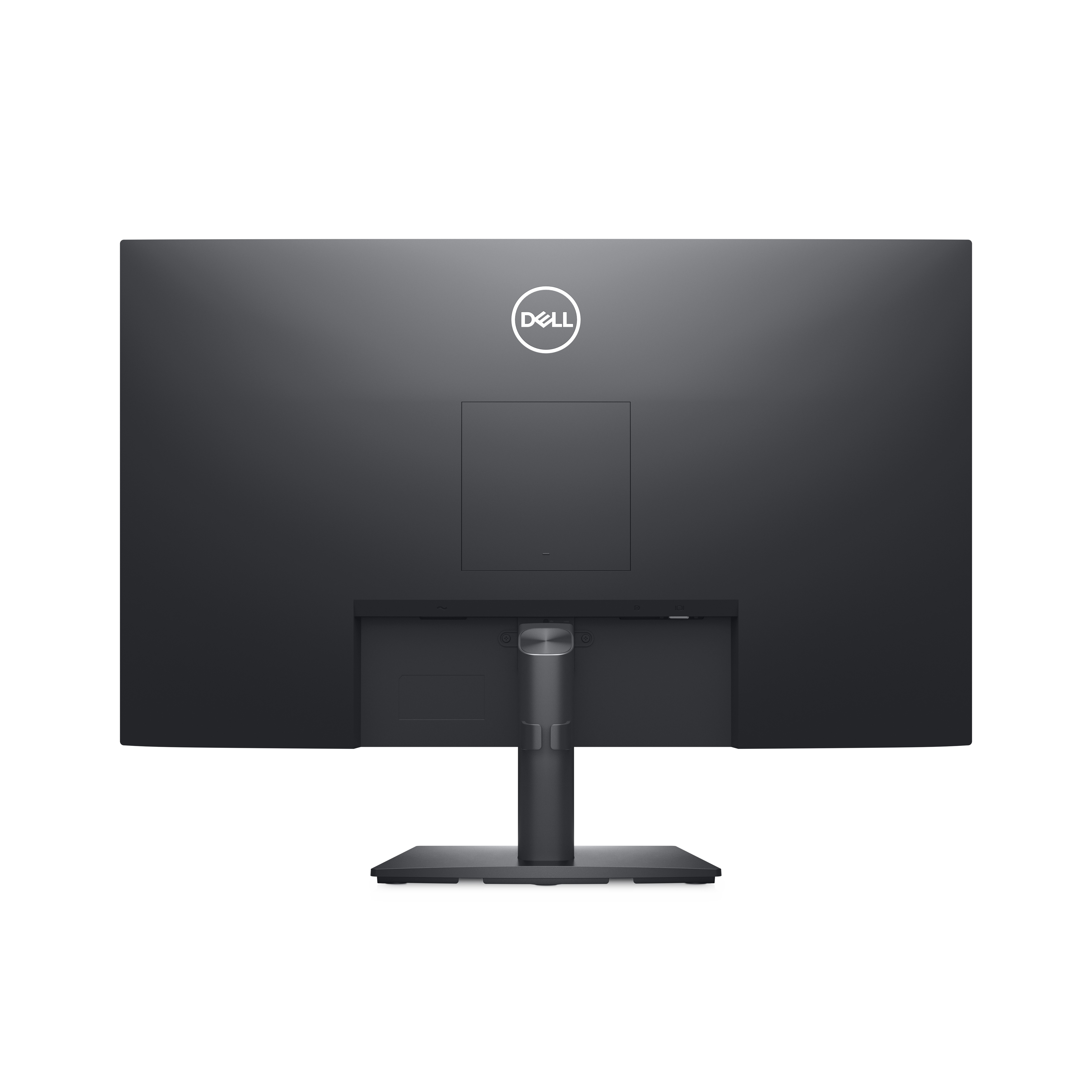 Rückansicht eines schwarzen Dell-Monitors mit Ständer, weißer Hintergrund.