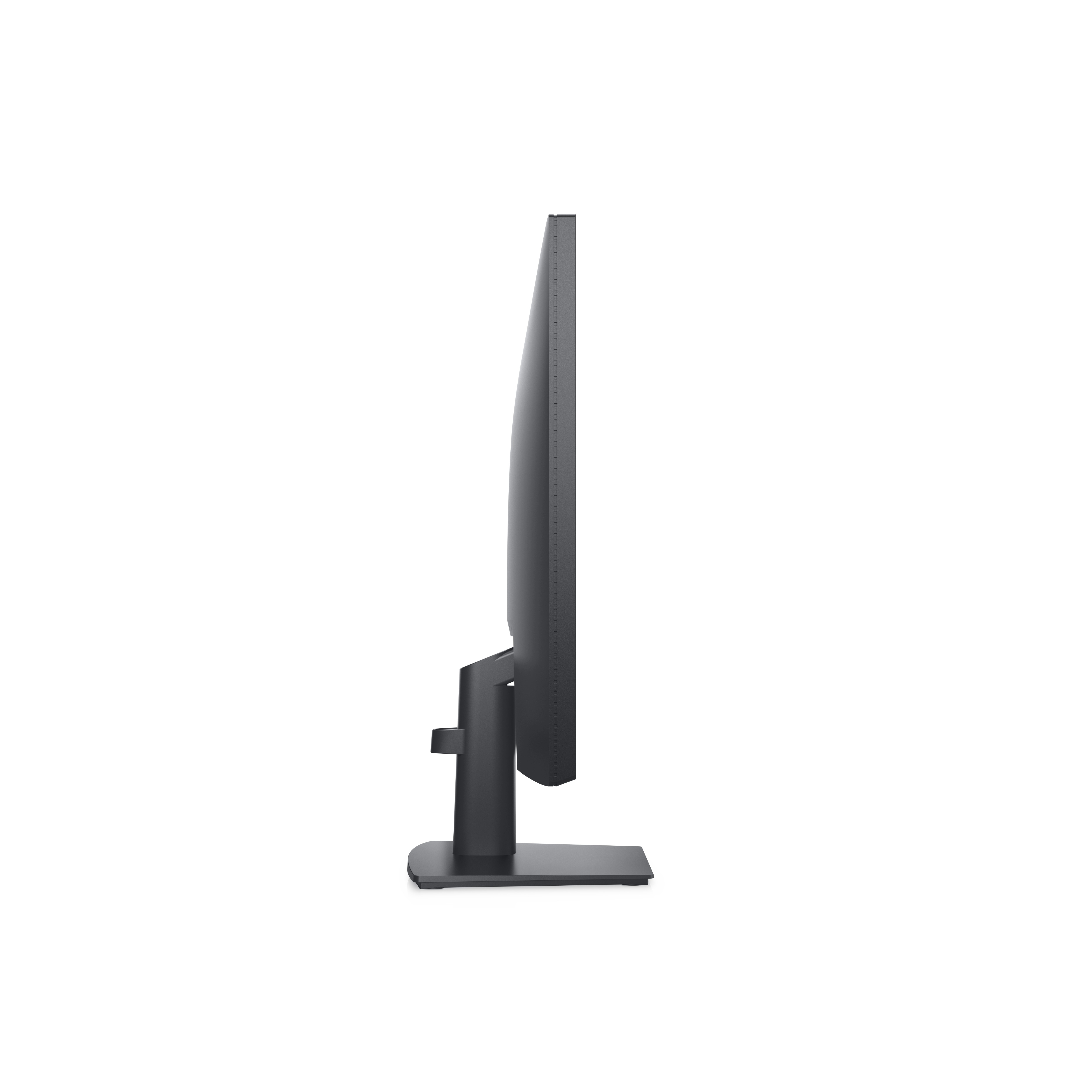 Seitenansicht des Dell-Monitors, schwarz. Weißer Hintergrund. Einfaches Design.
