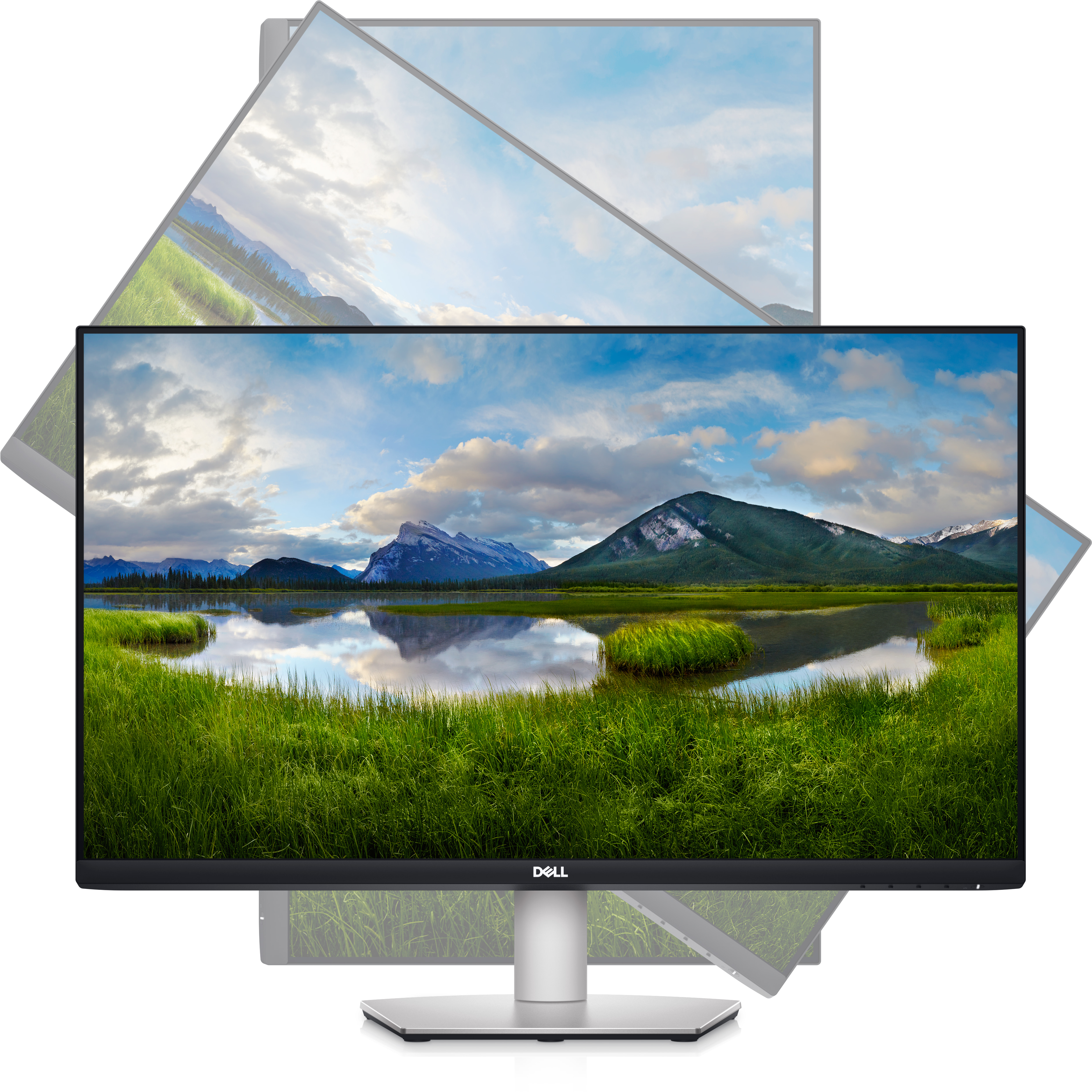 Monitor Dell mostrando un paisaje. Hierba verde, agua, montañas y cielo. El monitor está en ángulo.