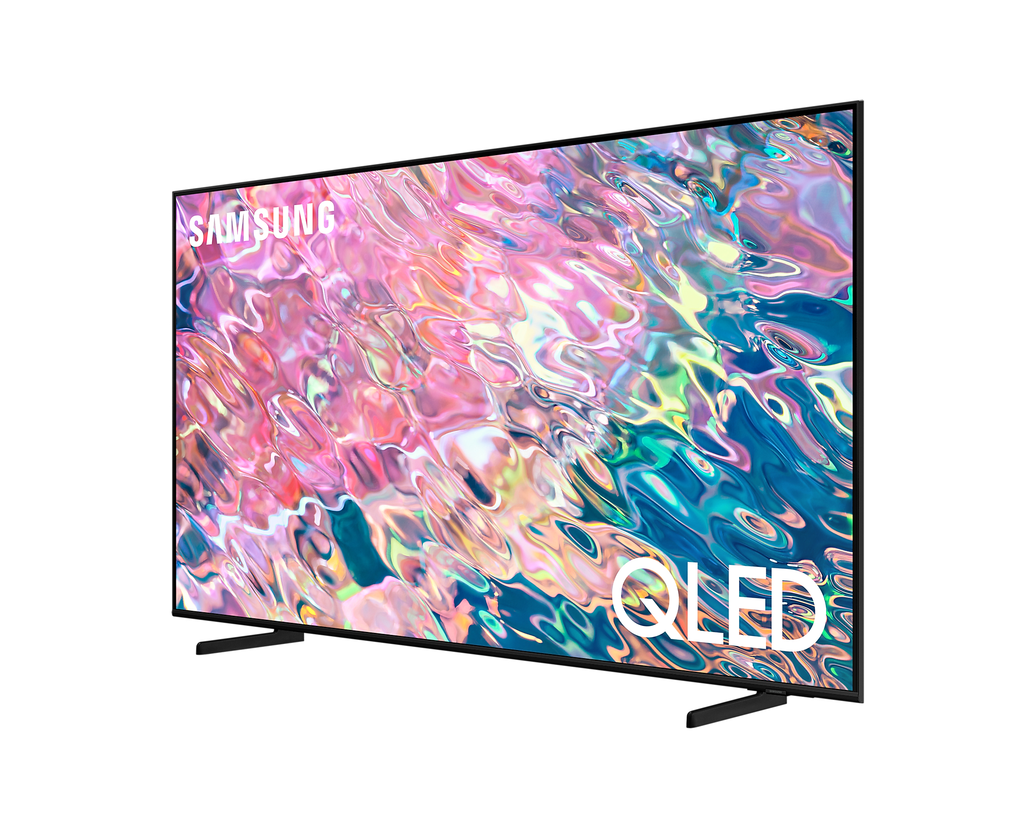 Telewizor Samsung QLED z czarnym ekranem, pokazujący elegancki design.