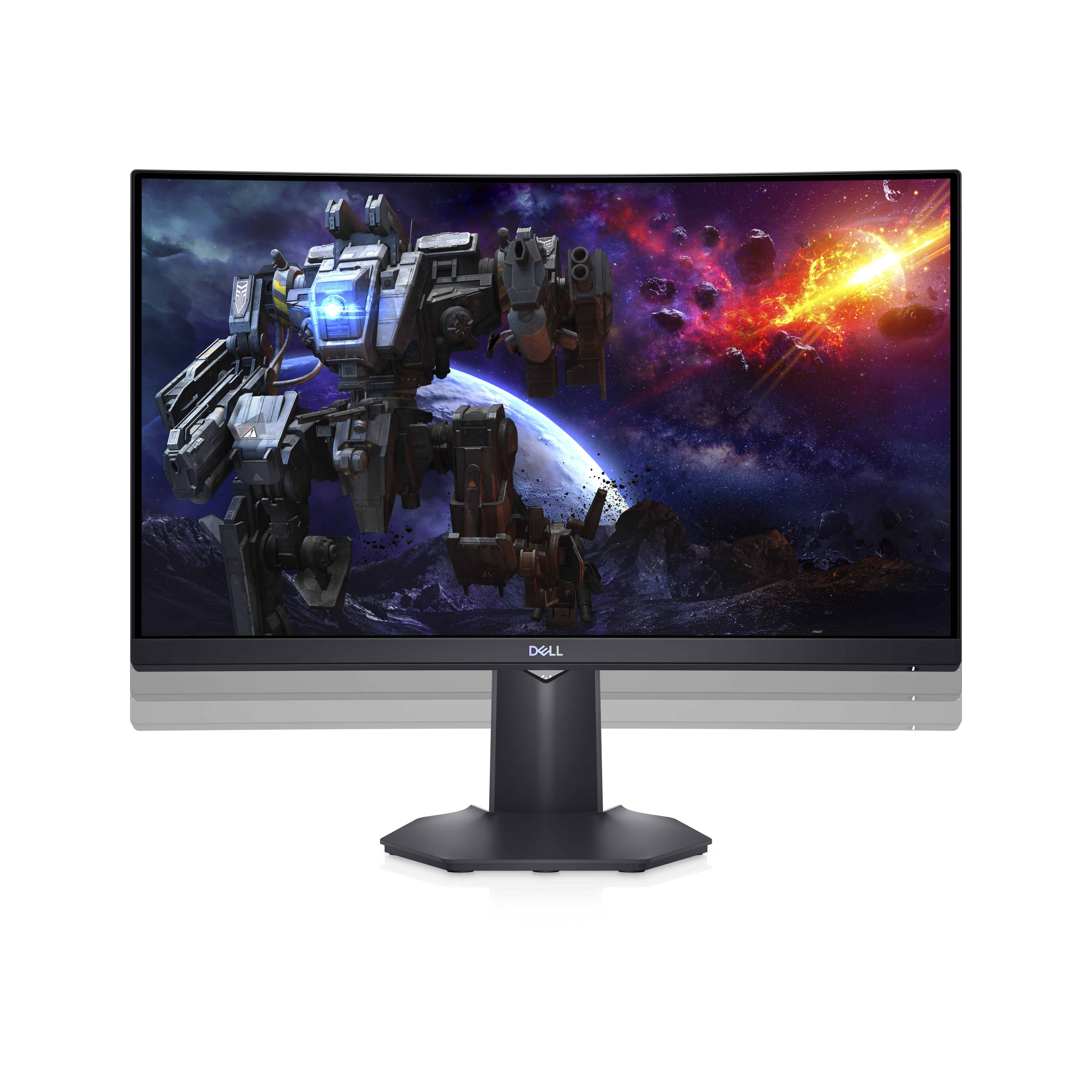 Monitor Dell curvo mostrando una escena de juego de ciencia ficción con un robot y espacio.