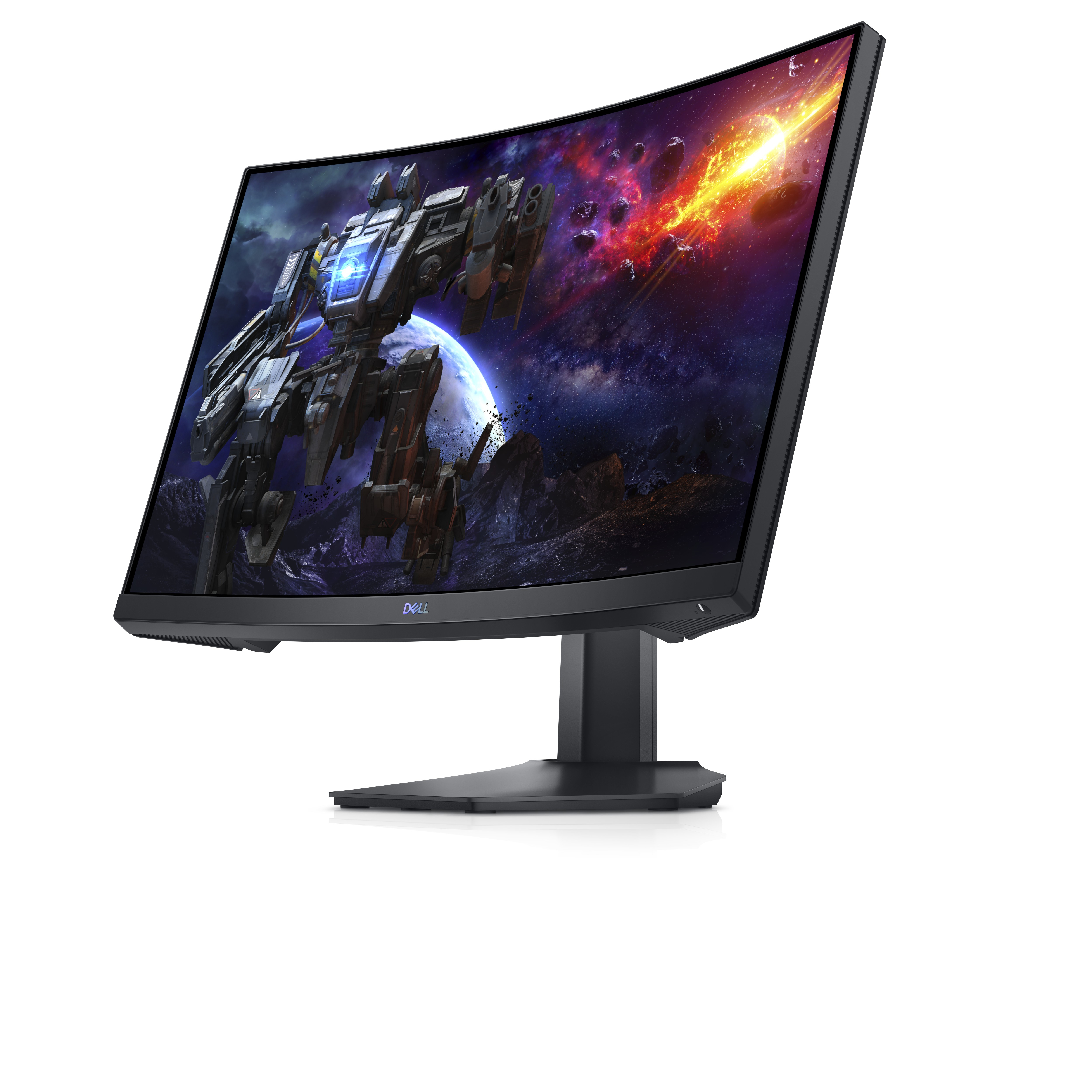 Monitor Dell curvo que muestra una escena de juego con robots.