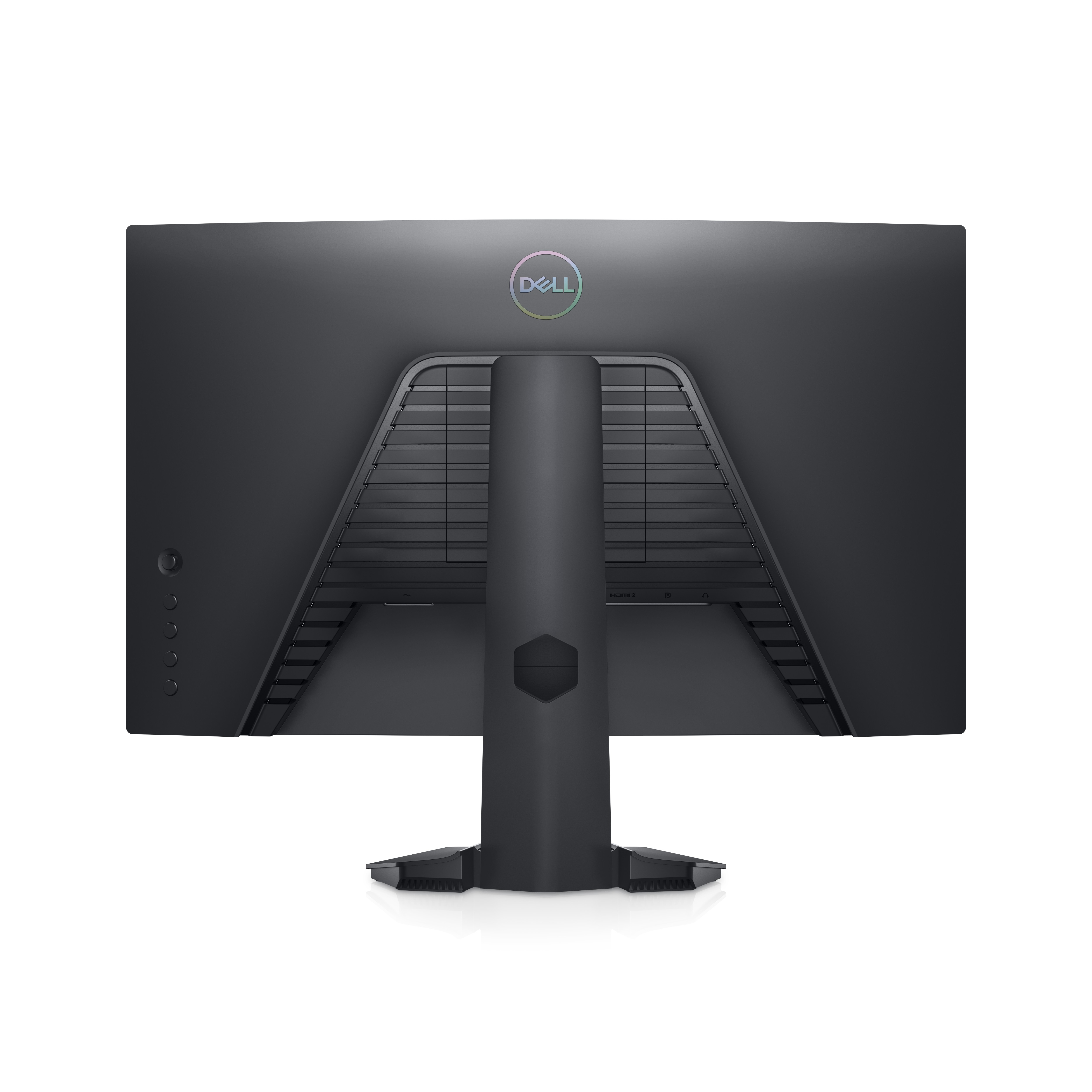 Parte trasera de un monitor Dell negro con el logotipo de Dell y un soporte negro.