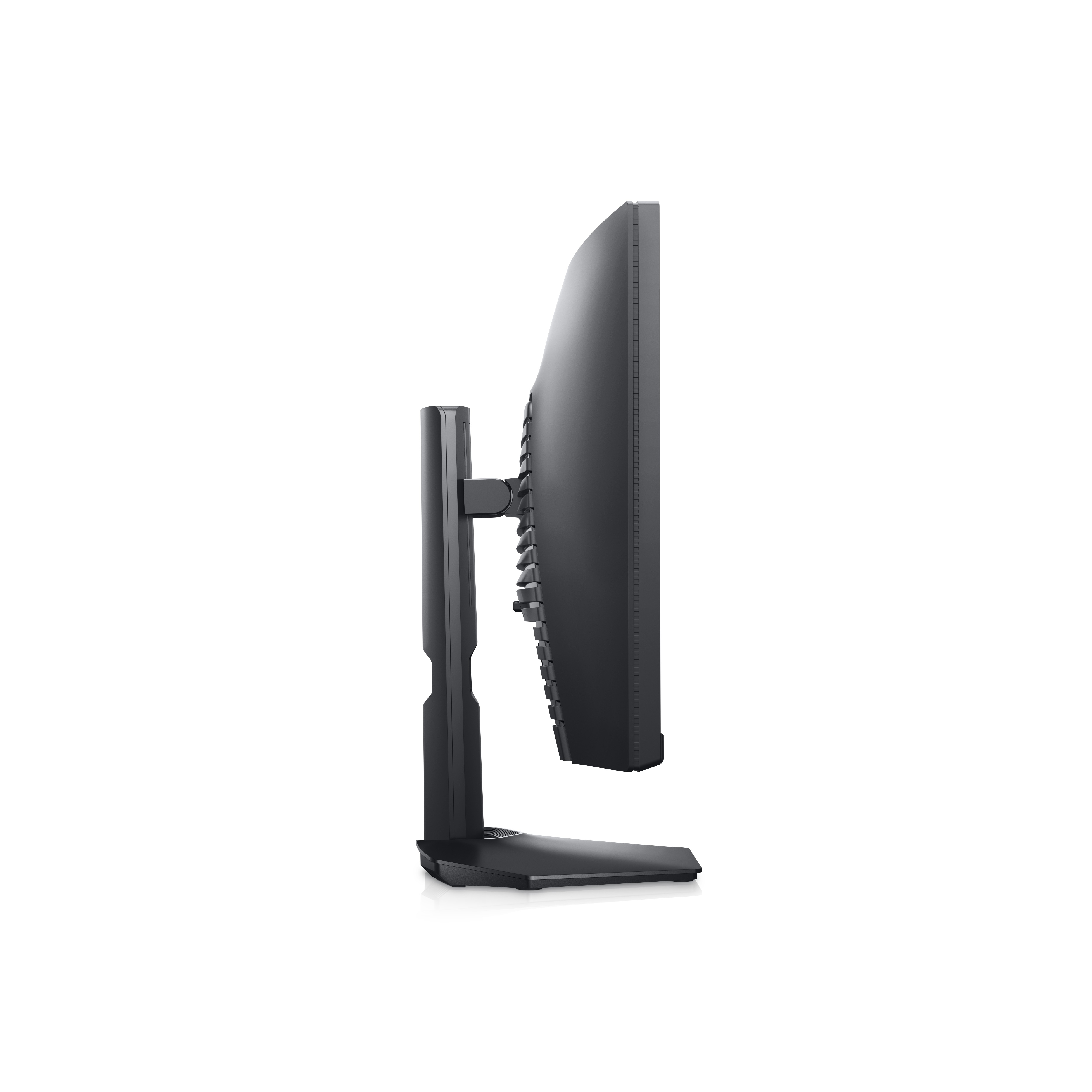 Vista lateral de un monitor Dell negro con soporte negro, sobre fondo blanco. El monitor tiene una parte trasera curvada.