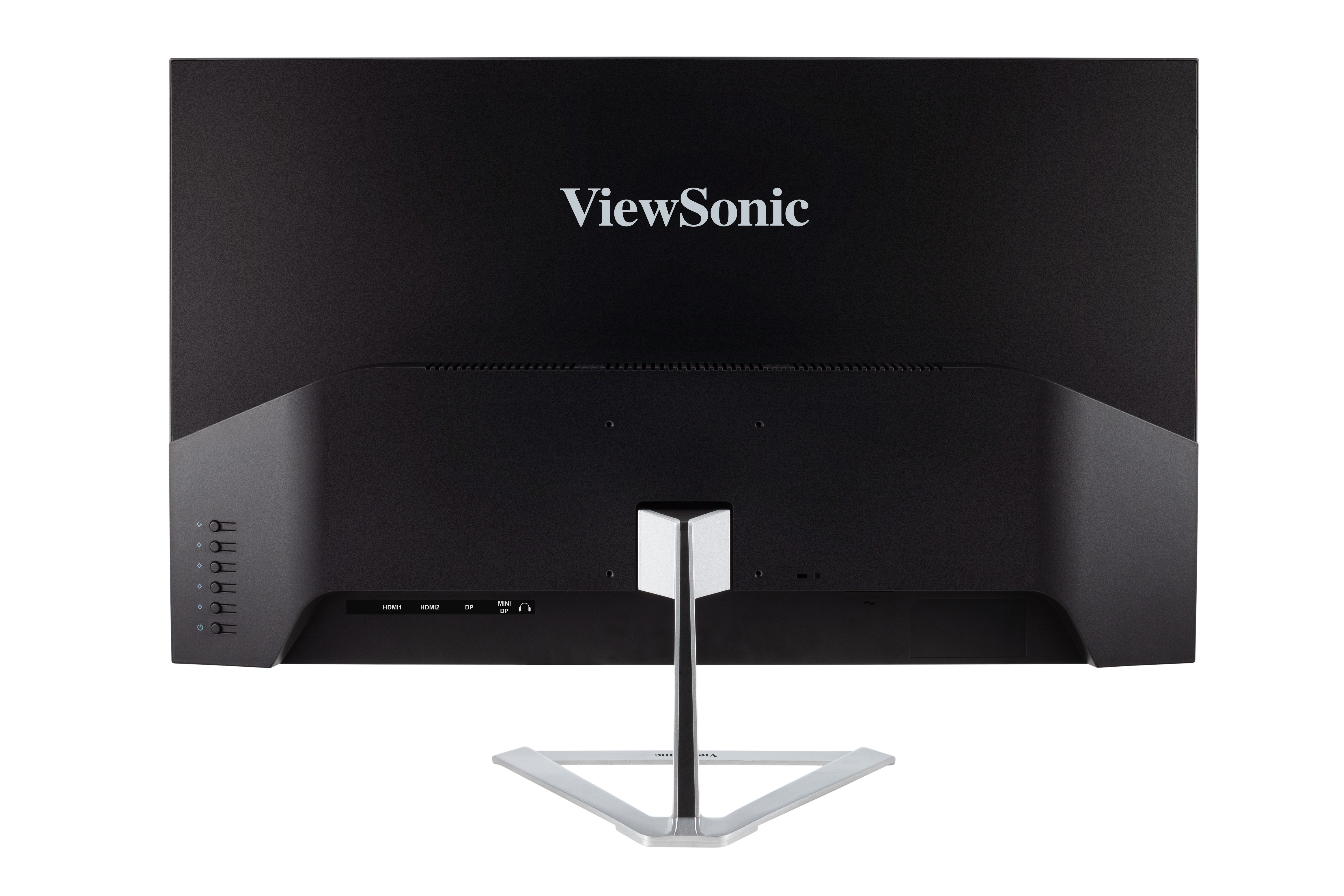 Tył monitora ViewSonic. Ma porty i srebrną podstawkę. Logo znajduje się na górze.